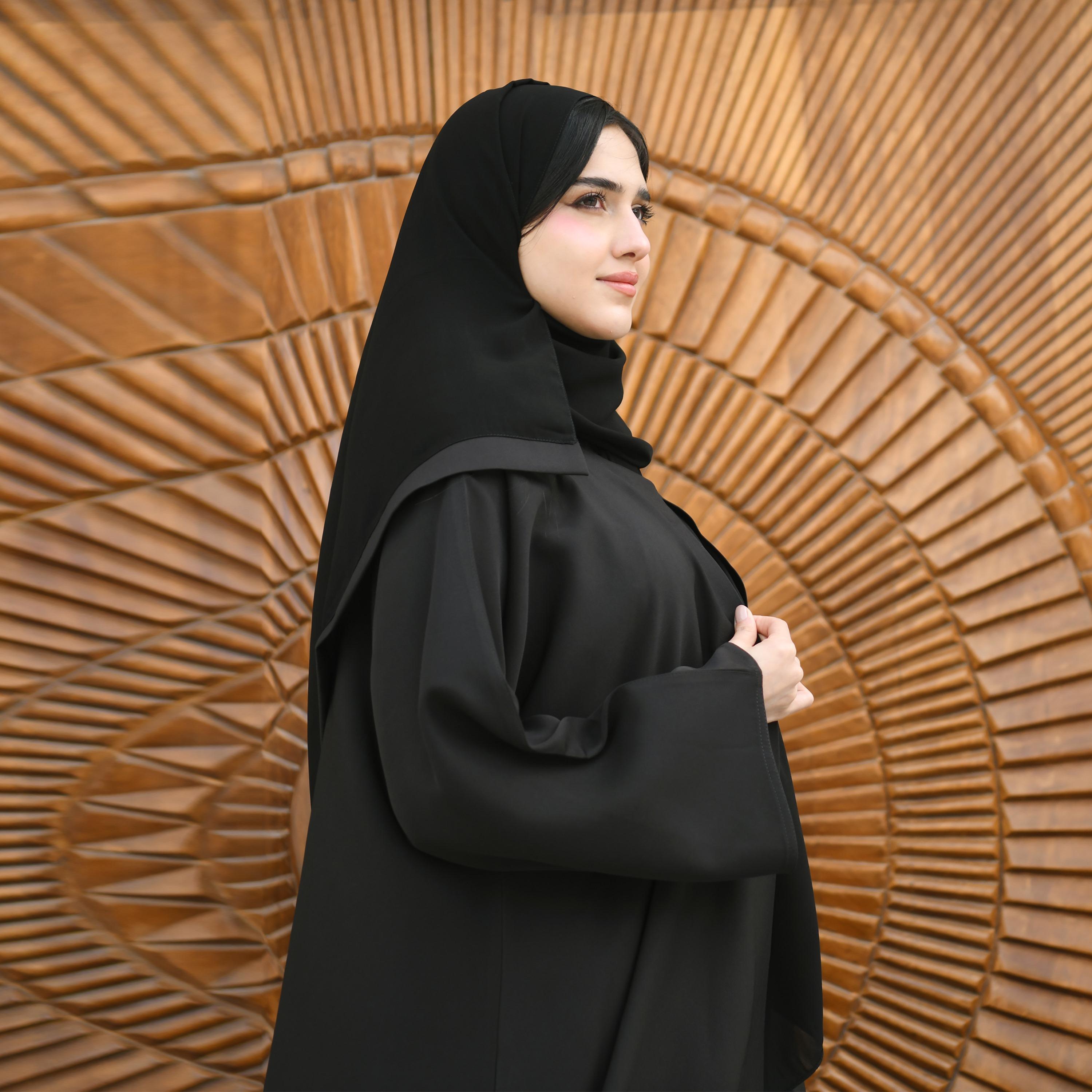 Hawraa Black Embroidered and Sequins Cloche Wrap Abaya with Hijab-women-arabicclothing-abayas-image-3