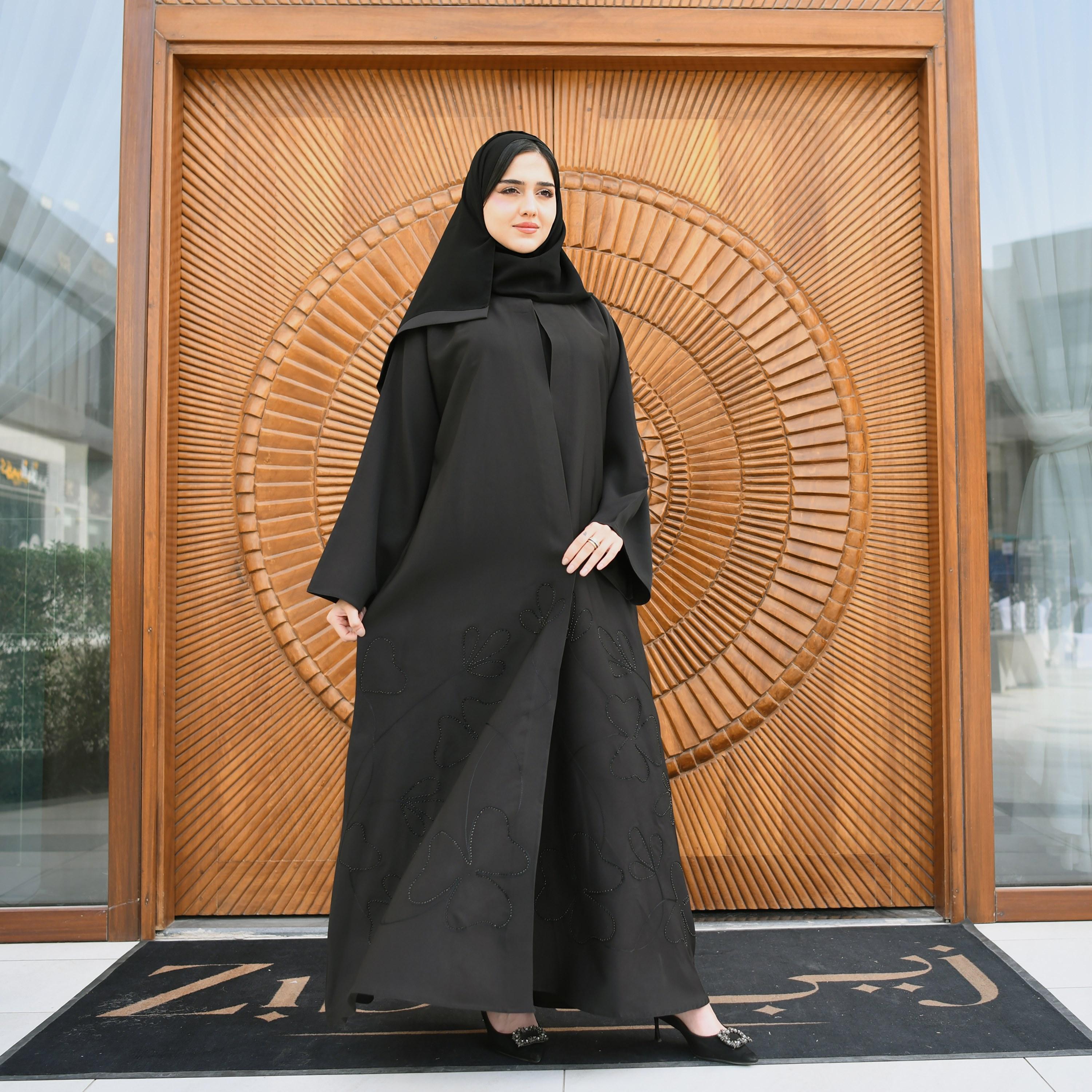 Hawraa Black Embroidered and Sequins Cloche Wrap Abaya with Hijab-women-arabicclothing-abayas-image-4