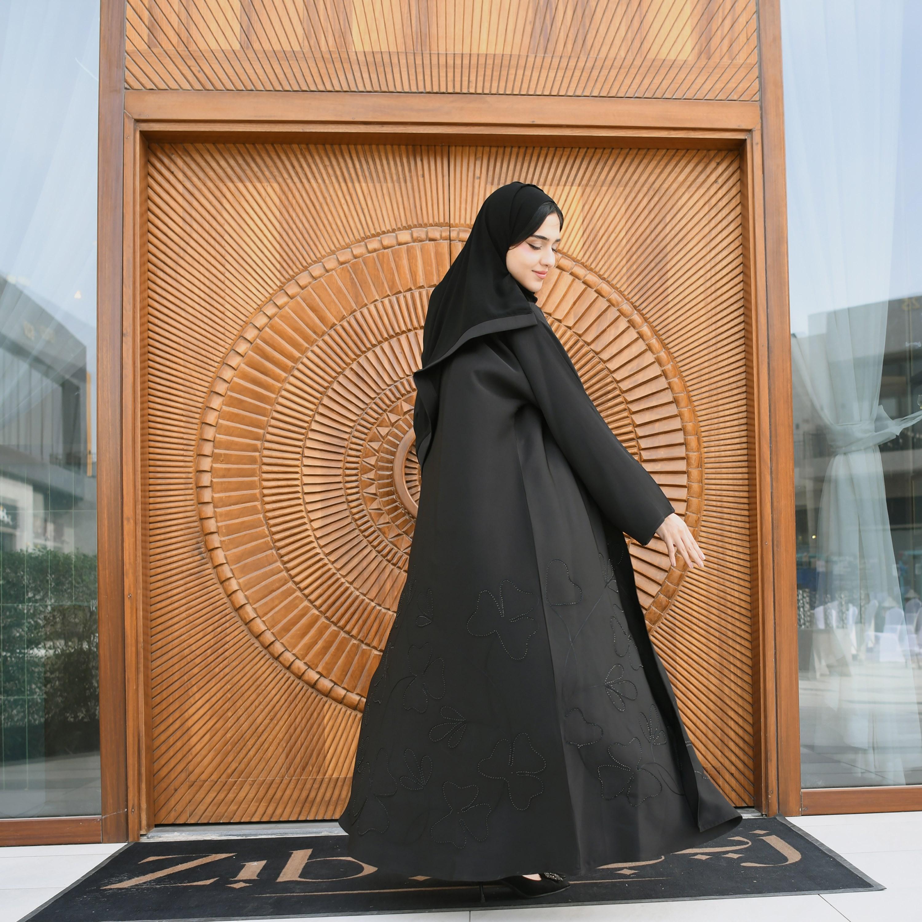 Hawraa Black Embroidered and Sequins Cloche Wrap Abaya with Hijab-women-arabicclothing-abayas-image-5