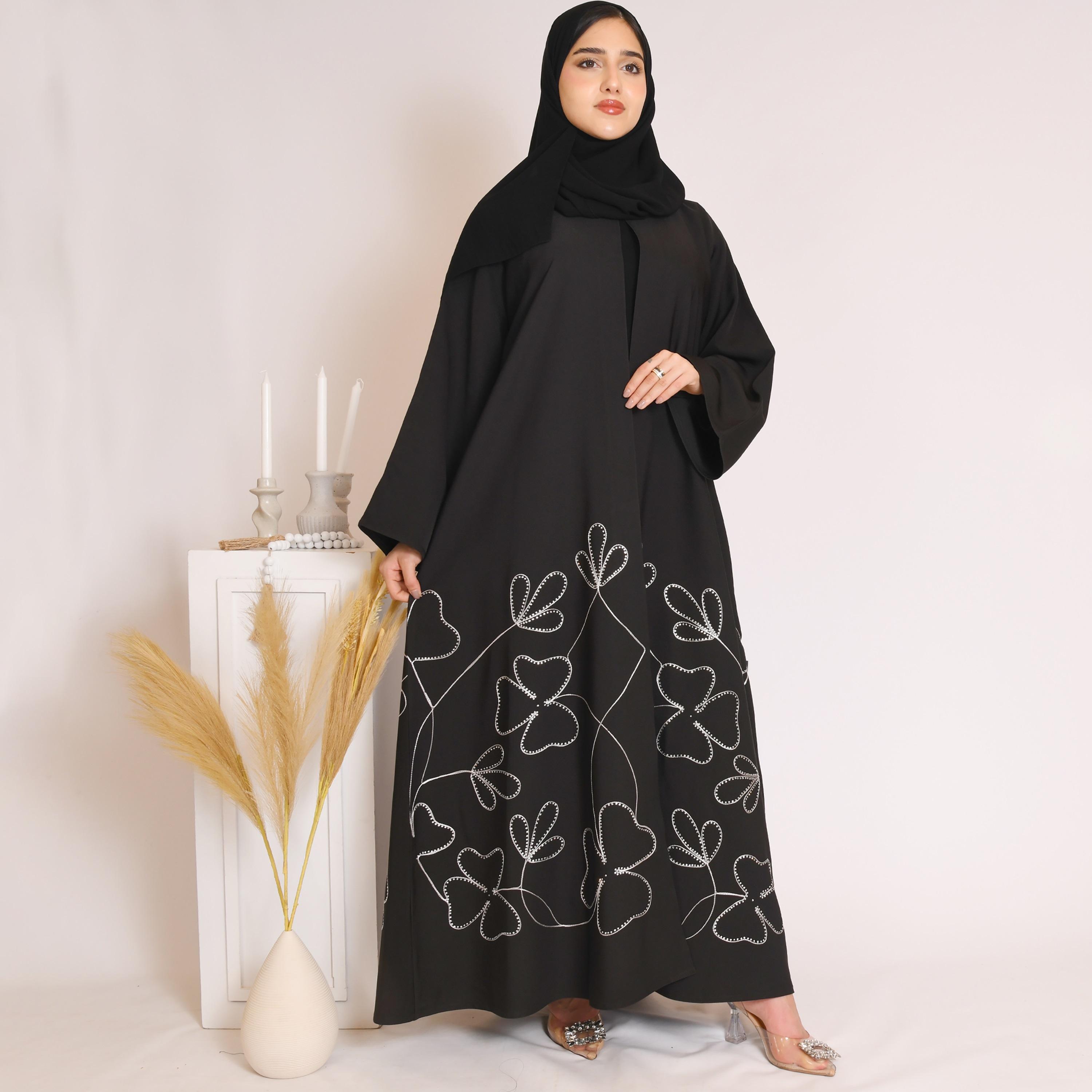 Hawraa Black Embroidered and Sequins Cloche Wrap Abaya with Hijab-women-arabicclothing-abayas-image-1