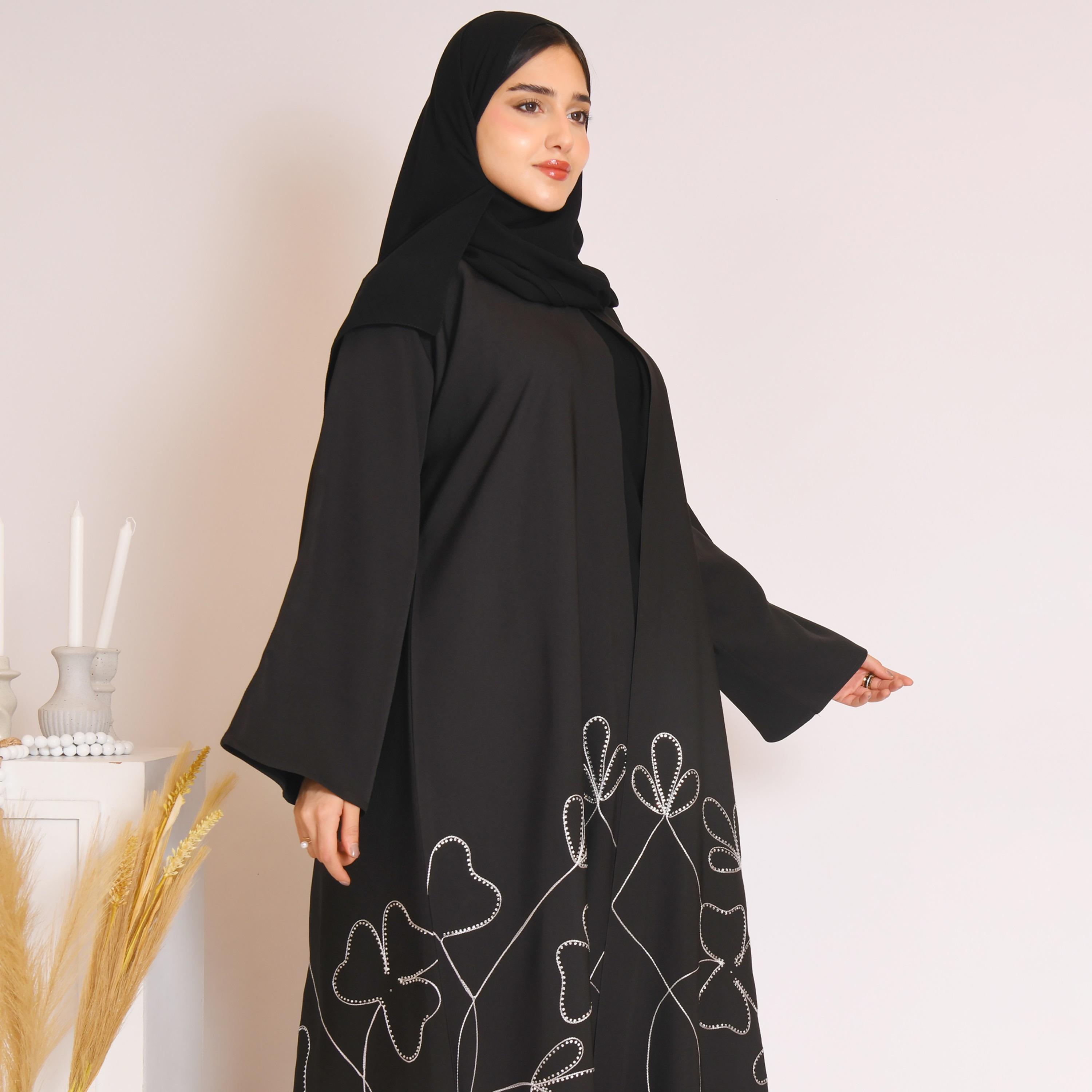 Hawraa Black Embroidered and Sequins Cloche Wrap Abaya with Hijab-women-arabicclothing-abayas-image-2