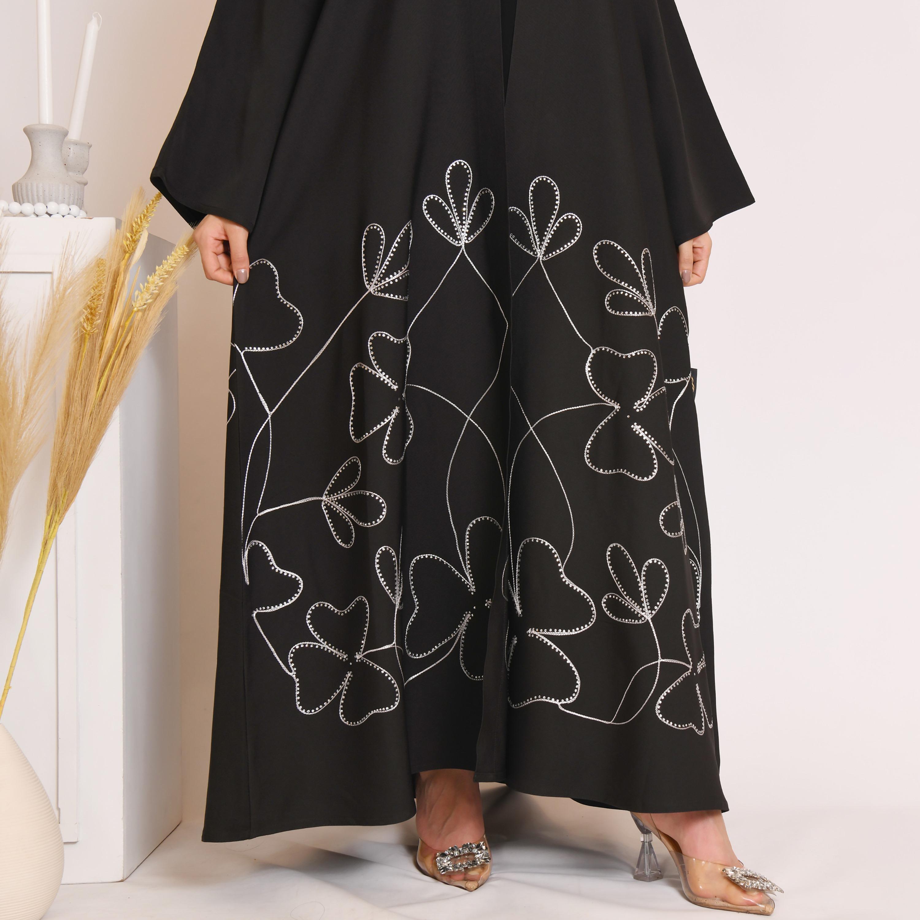 Hawraa Black Embroidered and Sequins Cloche Wrap Abaya with Hijab-women-arabicclothing-abayas-image-3