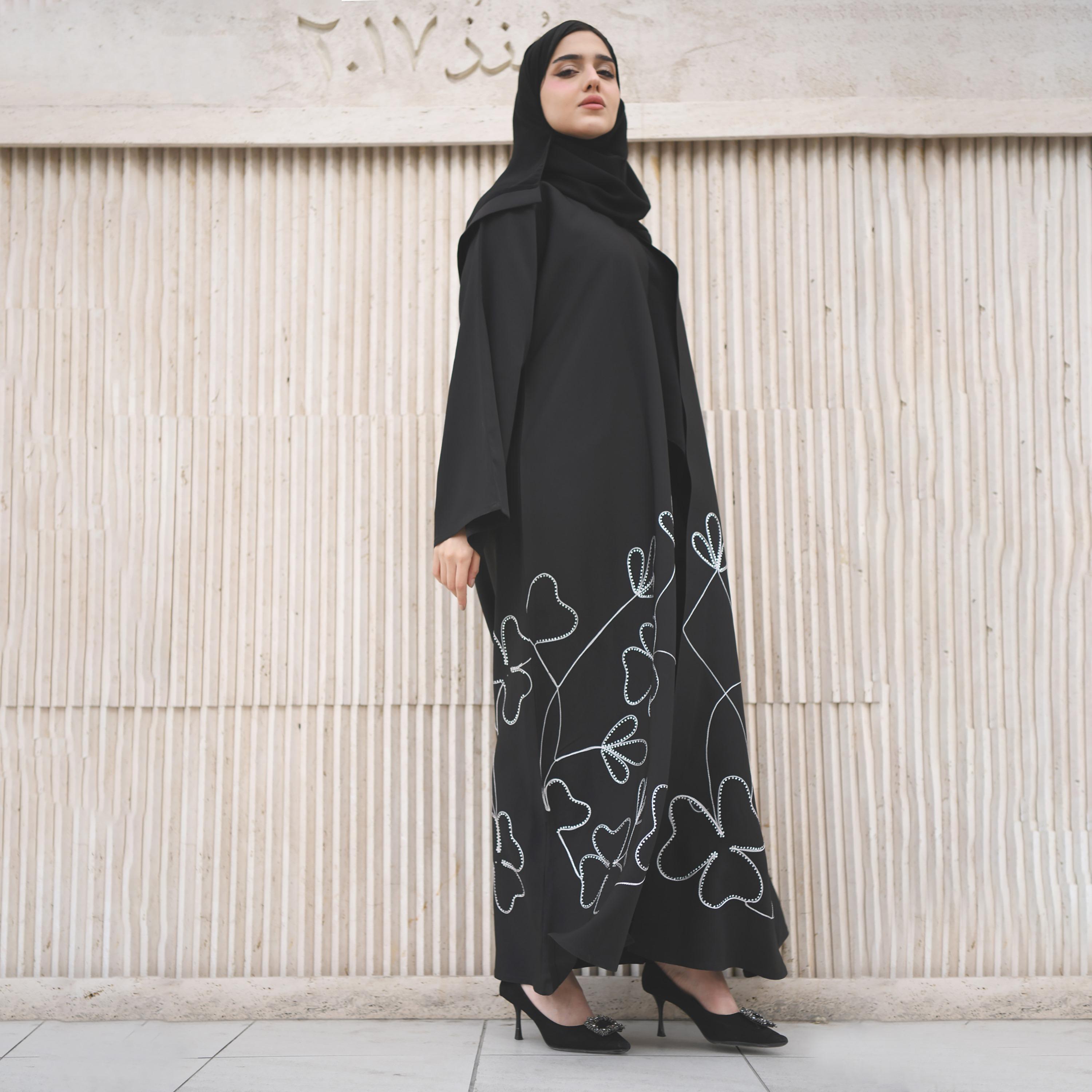 Hawraa Black Embroidered and Sequins Cloche Wrap Abaya with Hijab-women-arabicclothing-abayas-image-4