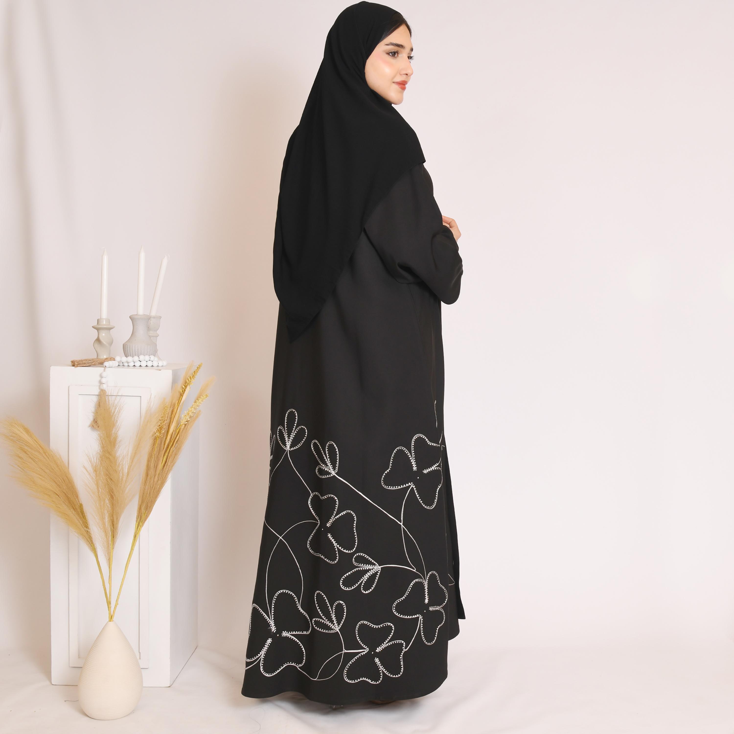 Hawraa Black Embroidered and Sequins Cloche Wrap Abaya with Hijab-women-arabicclothing-abayas-image-5