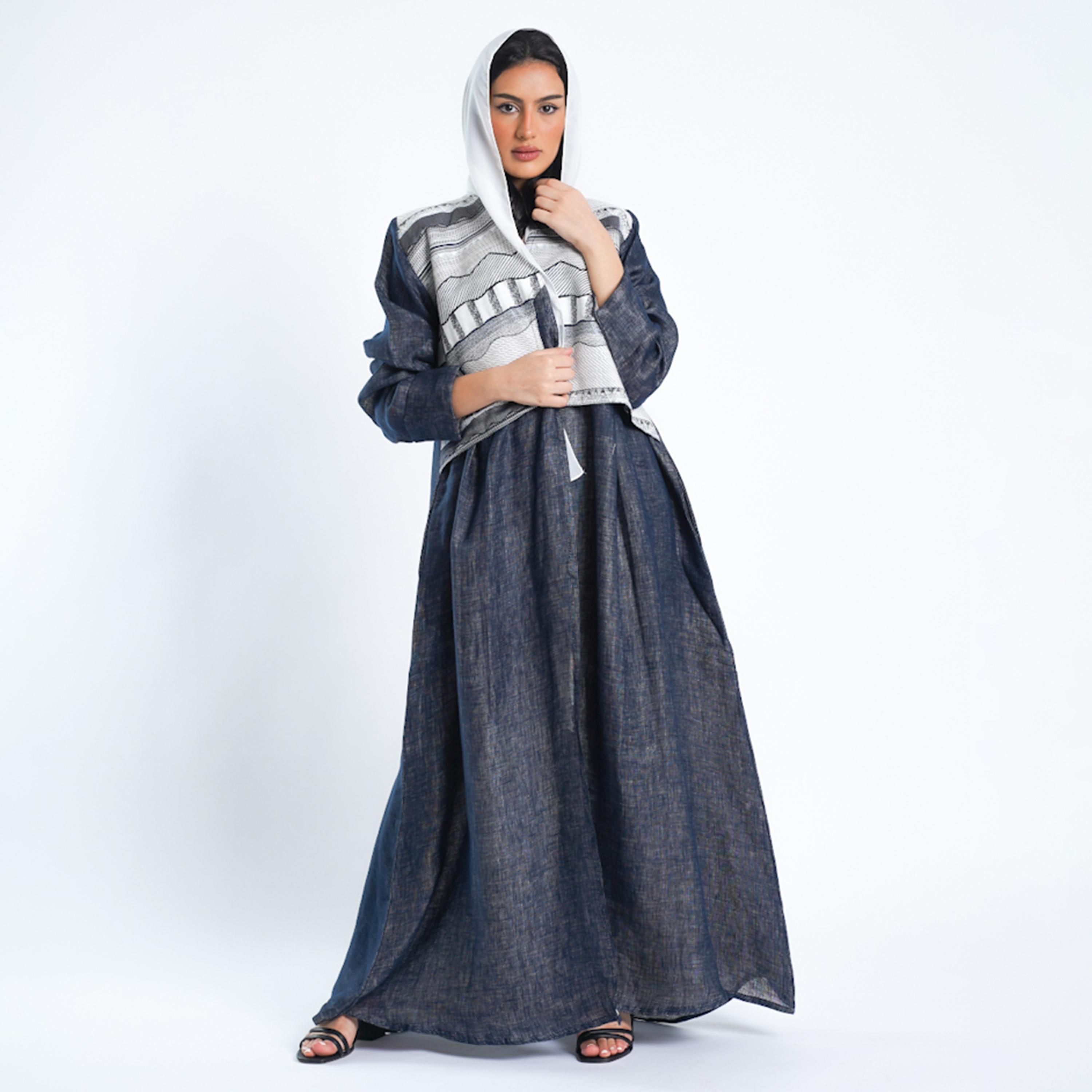 Gheed Navy Blue Geometric Open Front Neck Linen Women's Abaya with Hijab-women-arabicclothing-abayas-image-1