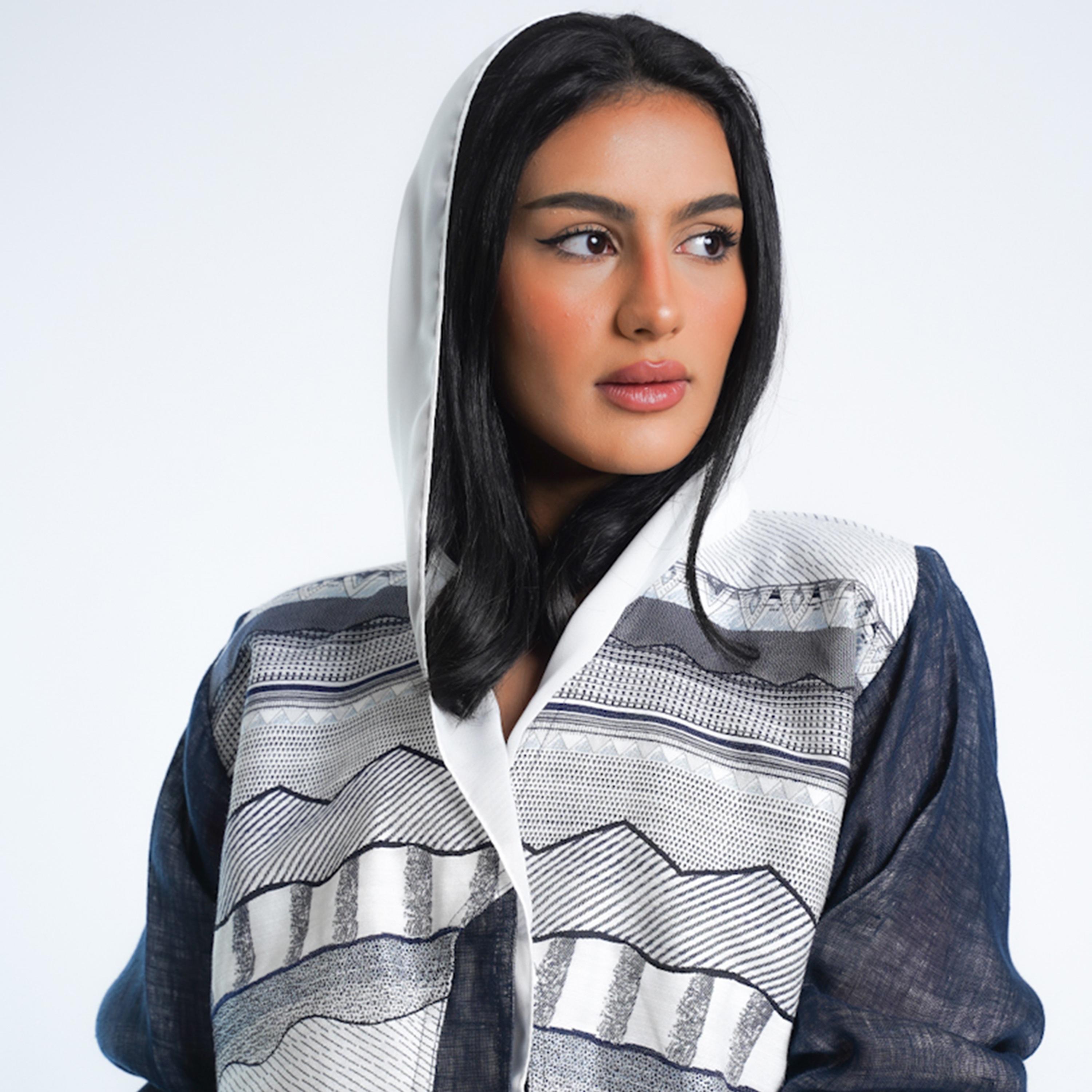 Gheed Navy Blue Geometric Open Front Neck Linen Women's Abaya with Hijab-women-arabicclothing-abayas-image-2