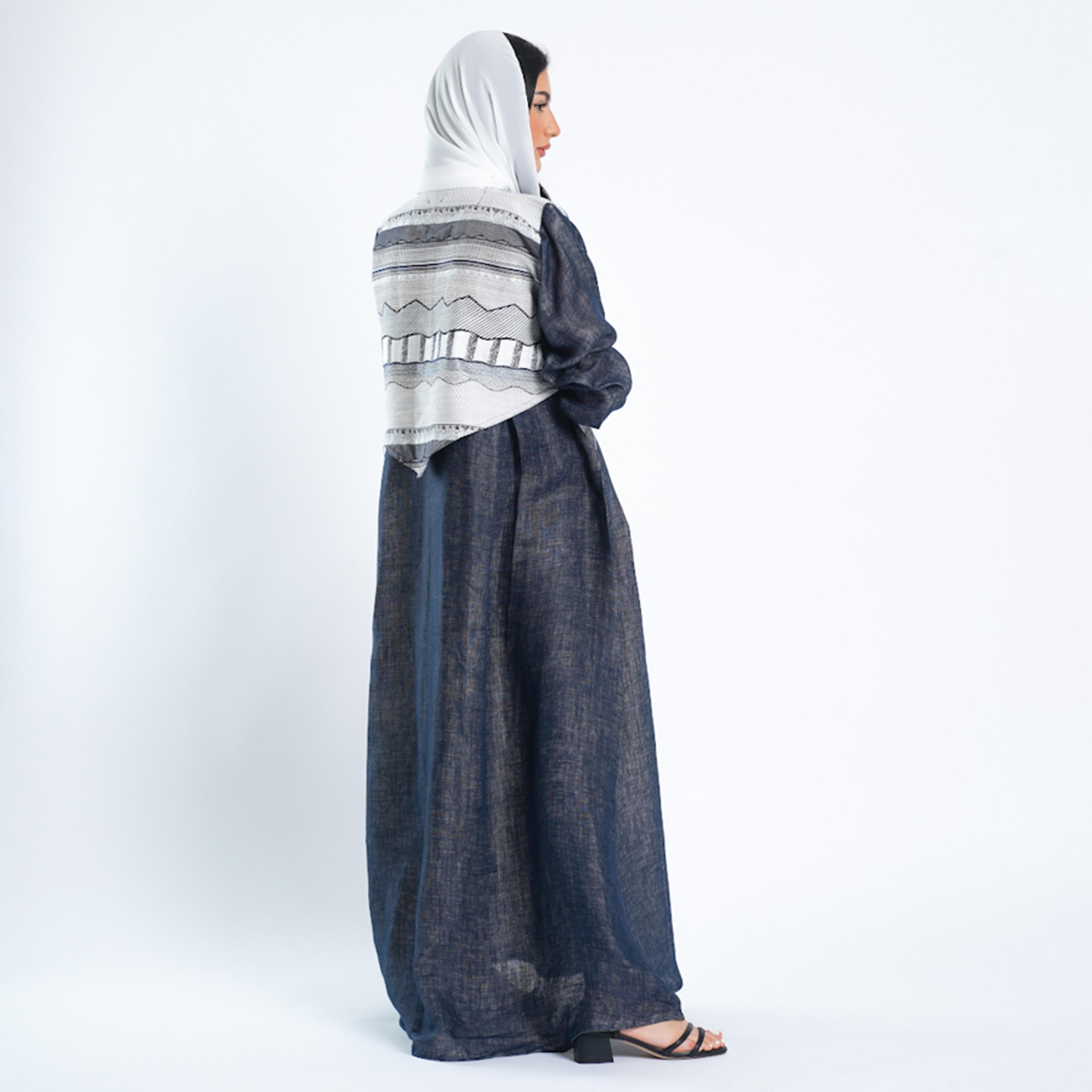 Gheed Navy Blue Geometric Open Front Neck Linen Women's Abaya with Hijab-women-arabicclothing-abayas-image-4