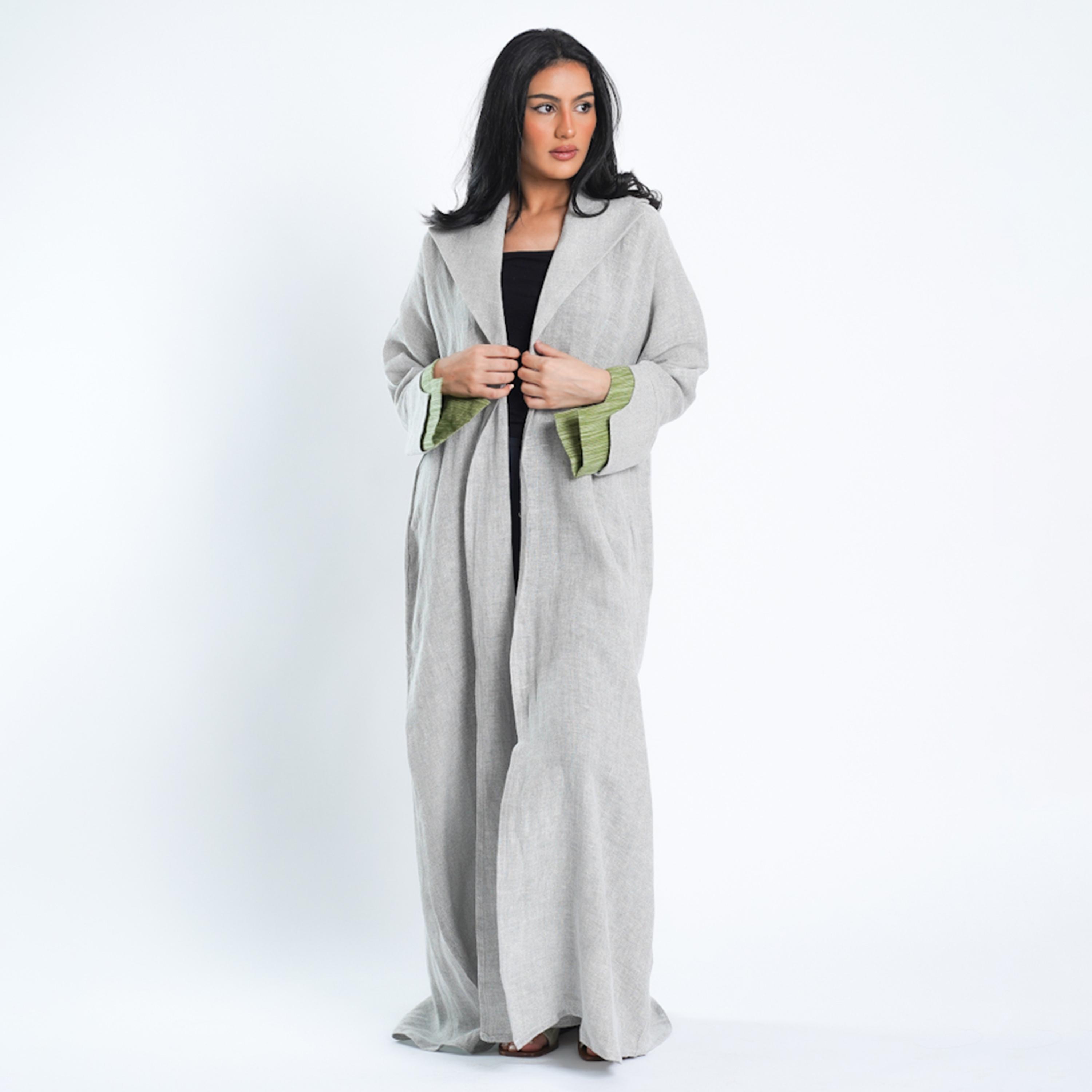 Gheed Grey and Green Textured Lapel Collared Cut-Out Cuff Sleeves Linen Women's Abaya with Hijab-women-arabicclothing-abayas-image-1