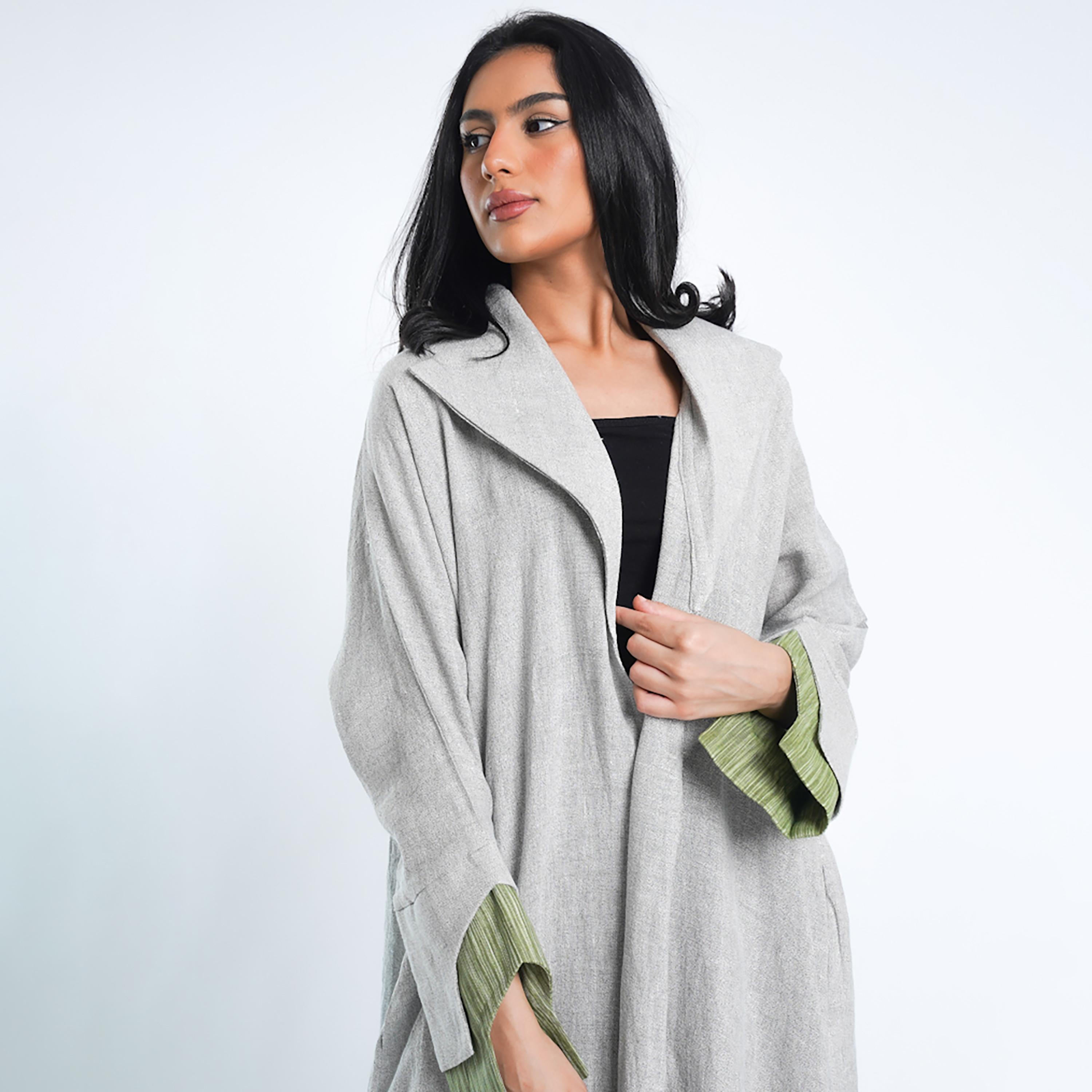 Gheed Grey and Green Textured Lapel Collared Cut-Out Cuff Sleeves Linen Women's Abaya with Hijab-women-arabicclothing-abayas-image-2