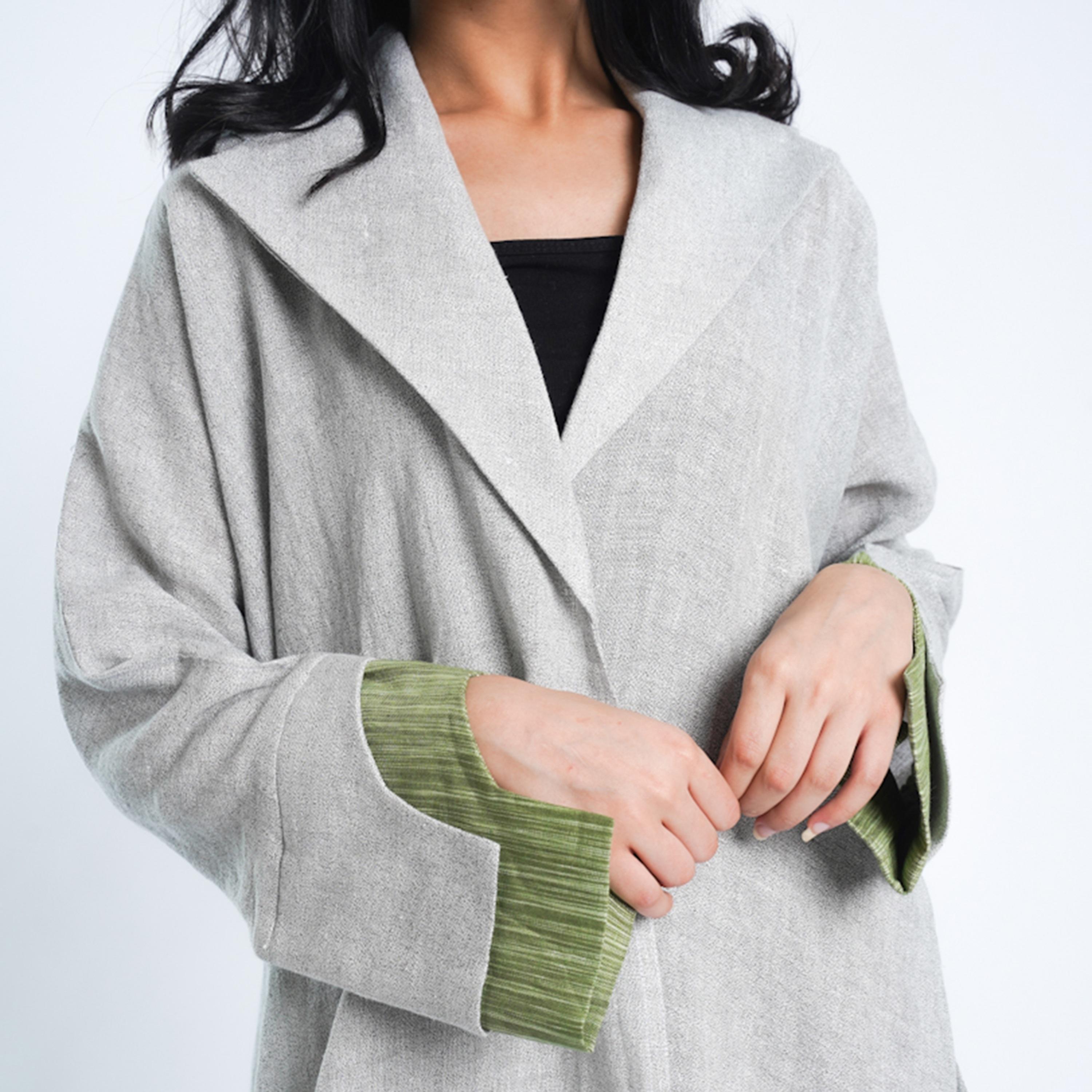 Gheed Grey and Green Textured Lapel Collared Cut-Out Cuff Sleeves Linen Women's Abaya with Hijab-women-arabicclothing-abayas-image-3