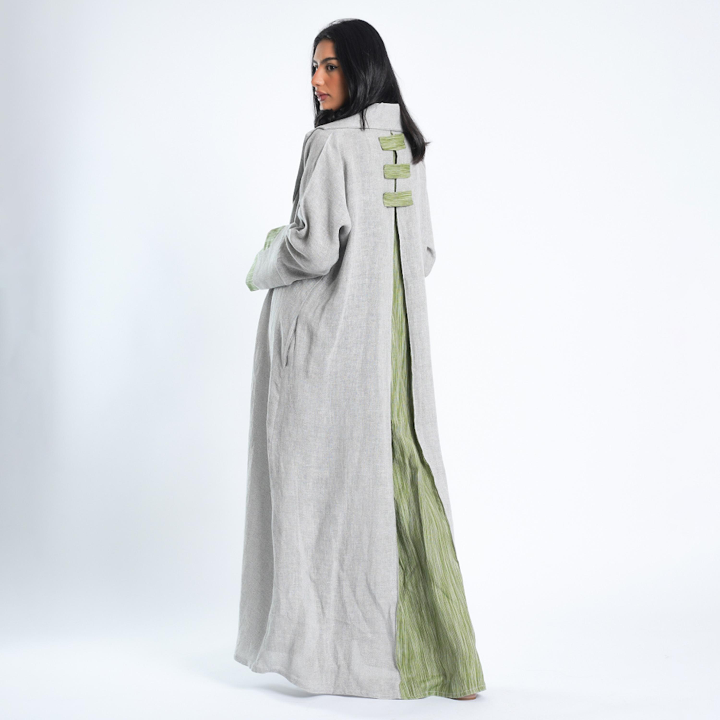Gheed Grey and Green Textured Lapel Collared Cut-Out Cuff Sleeves Linen Women's Abaya with Hijab-women-arabicclothing-abayas-image-4