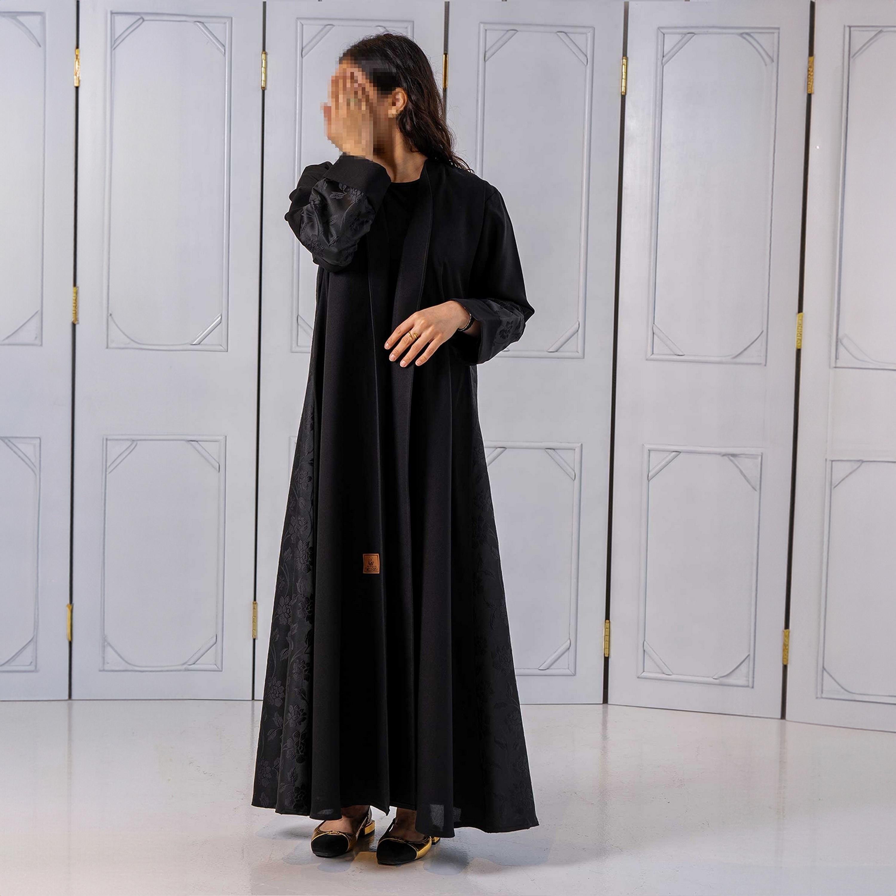 Zahiyh Black Floral Jacquard Women's Cloche Abaya with Hijab-women-arabicclothing-abayas-image-1