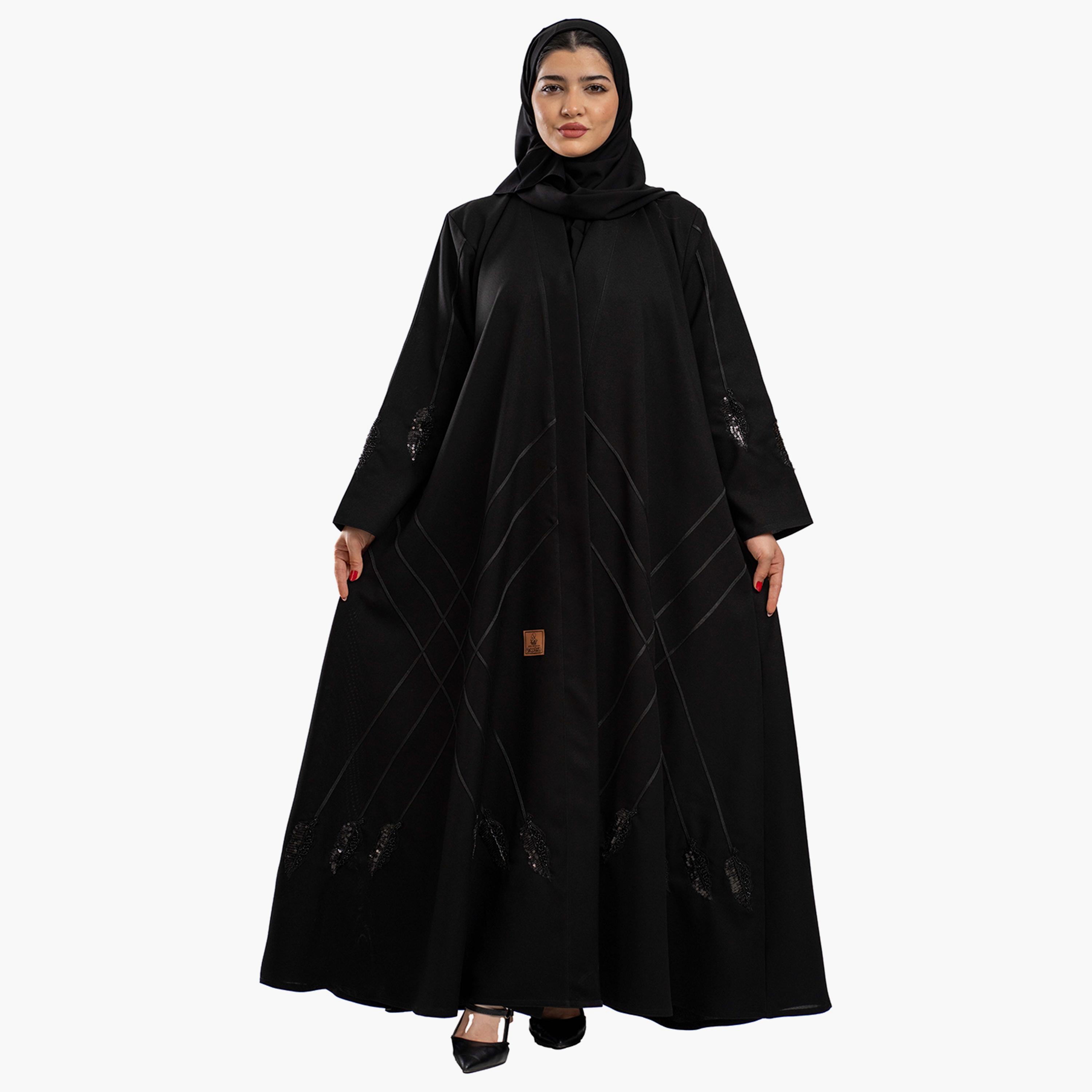 Zahiyh Black Sequins and Embroidered Sleeves Women's Cloche Abaya with Hijab-women-arabicclothing-abayas-image-1