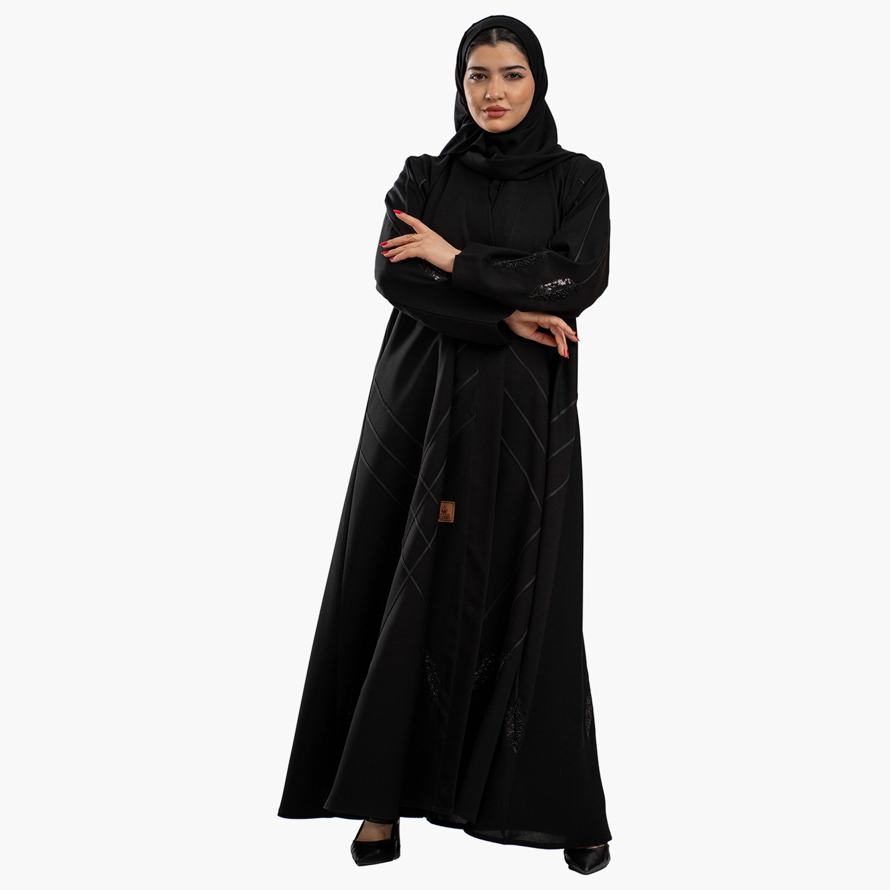 Zahiyh Black Sequins and Embroidered Sleeves Women's Cloche Abaya with Hijab-women-arabicclothing-abayas-image-2
