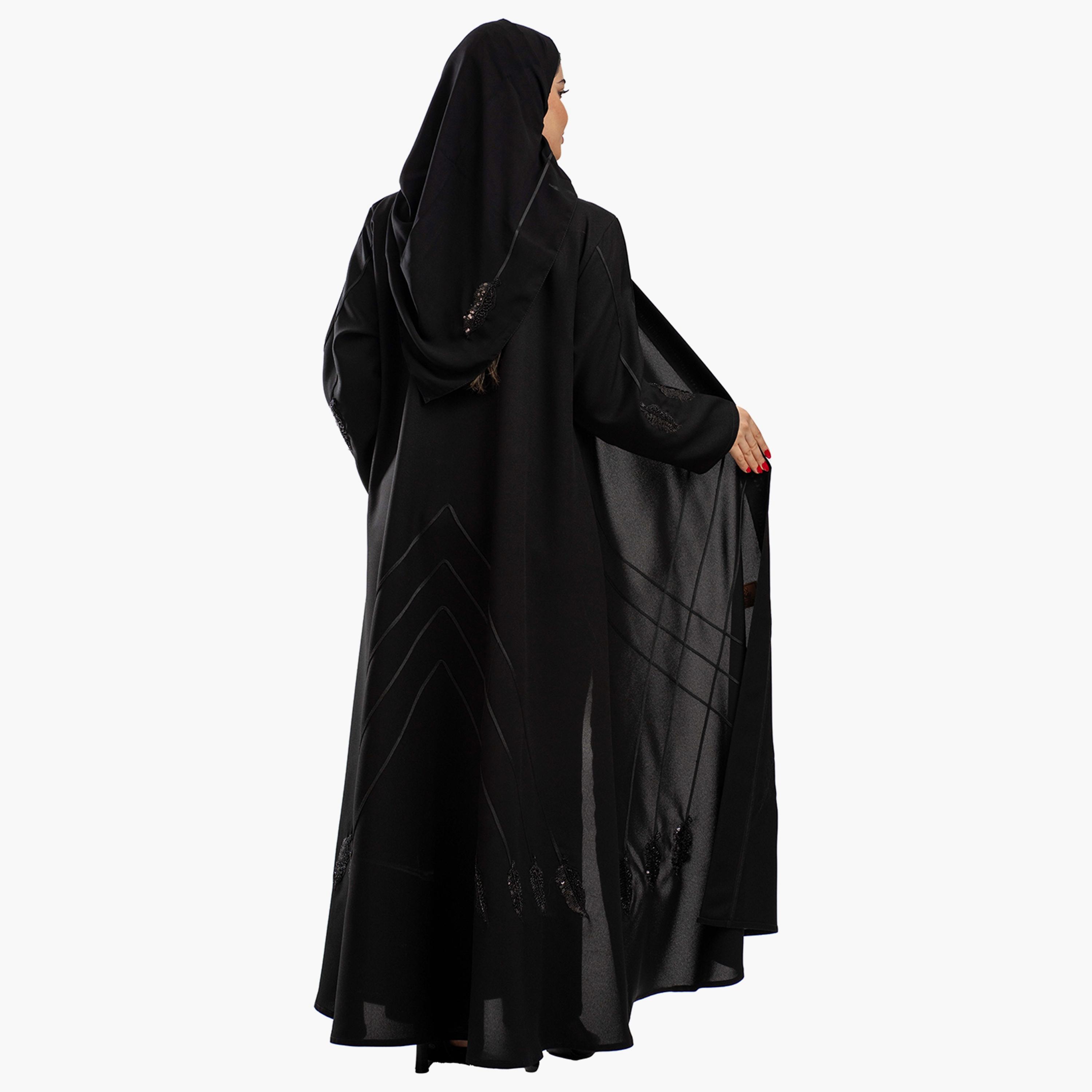 Zahiyh Black Sequins and Embroidered Sleeves Women's Cloche Abaya with Hijab-women-arabicclothing-abayas-image-4