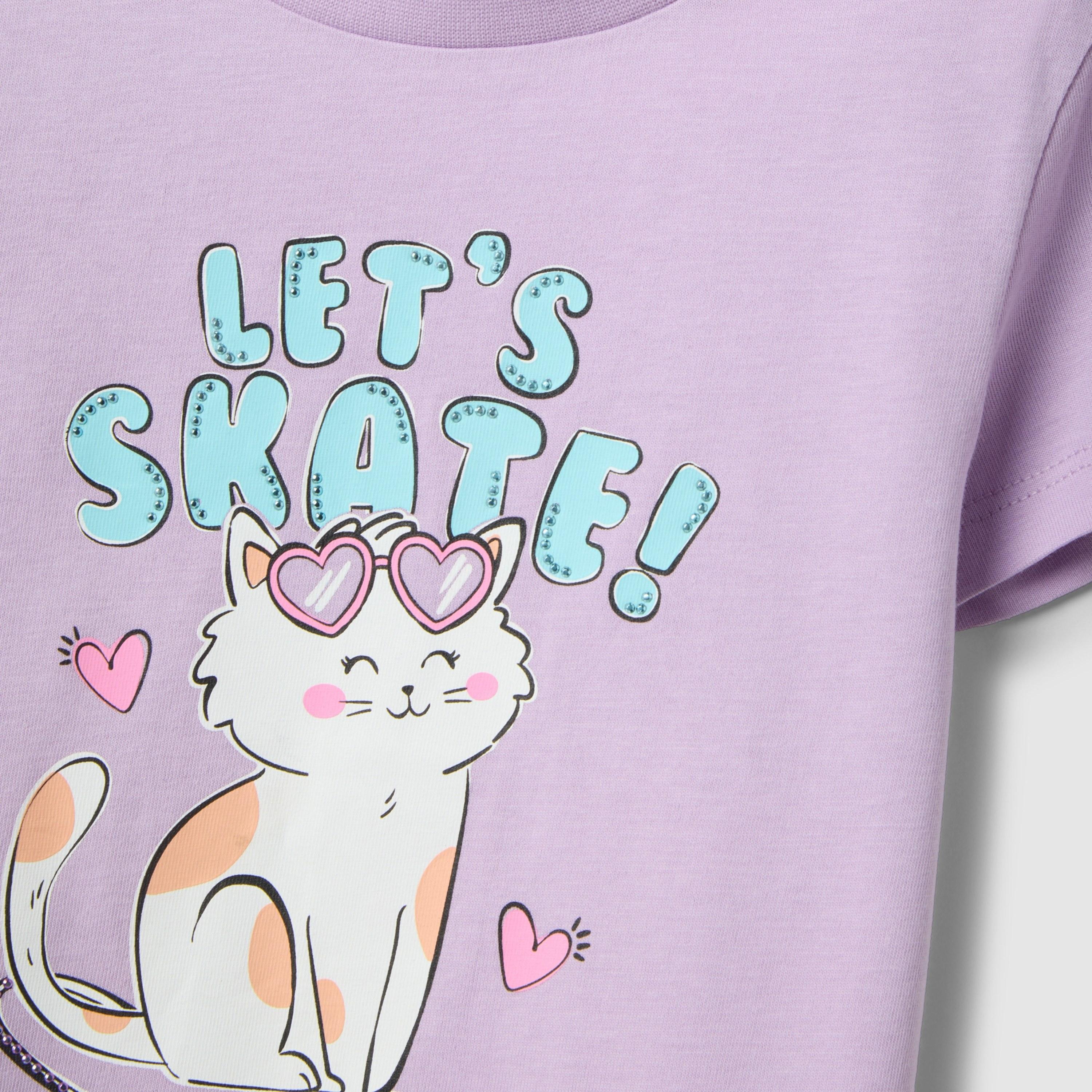 تيشيرت غرافيك أكمام قصيرة بتصميم ليتس سكيت كيتي من أو في إس-girls-clothing-tshirts-image-3