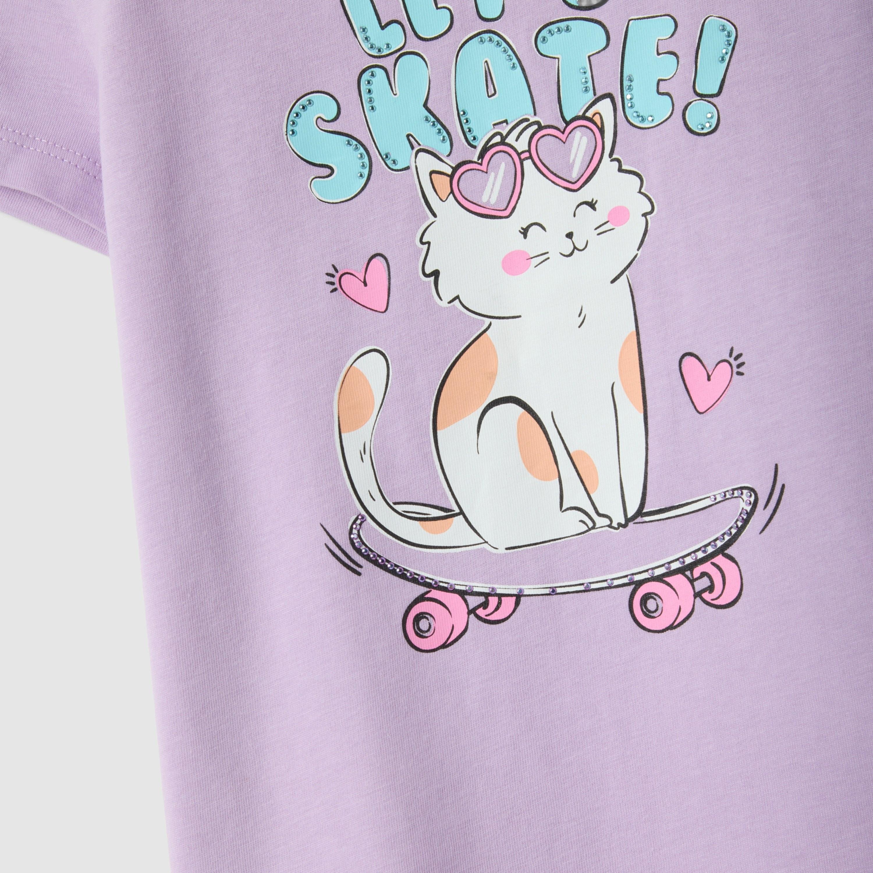 تيشيرت غرافيك أكمام قصيرة بتصميم ليتس سكيت كيتي من أو في إس-girls-clothing-tshirts-image-4