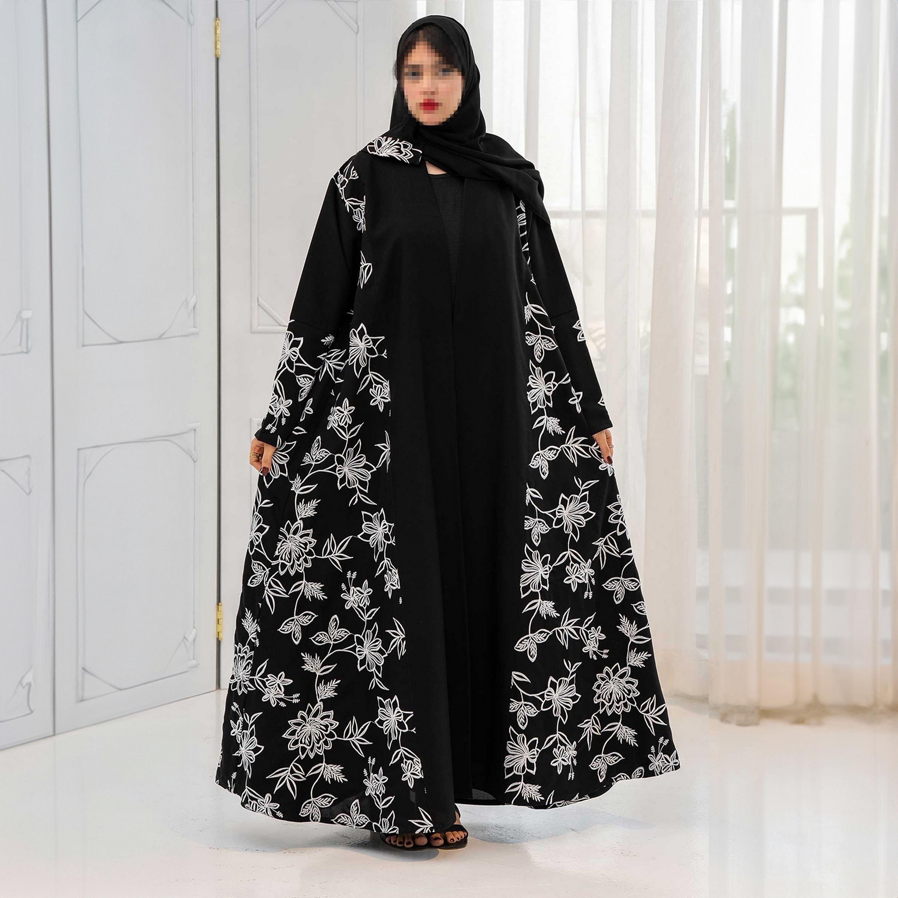 عباية نسائية سوداء مطرزة بالورود مع حجاب من زاهيه-women-arabicclothing-abayas-image-1