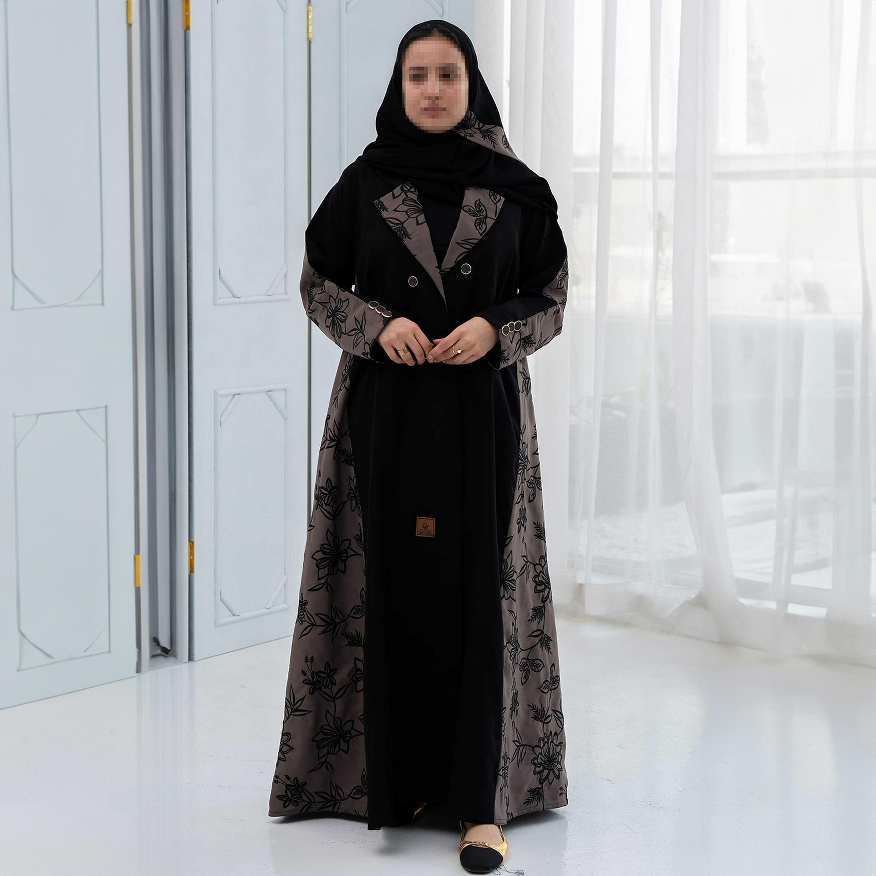 Zahiyh Black Dual Tone Lepel Collar Floral Embroidered Women's Cloche Abaya with Hijab-women-arabicclothing-abayas-image-1