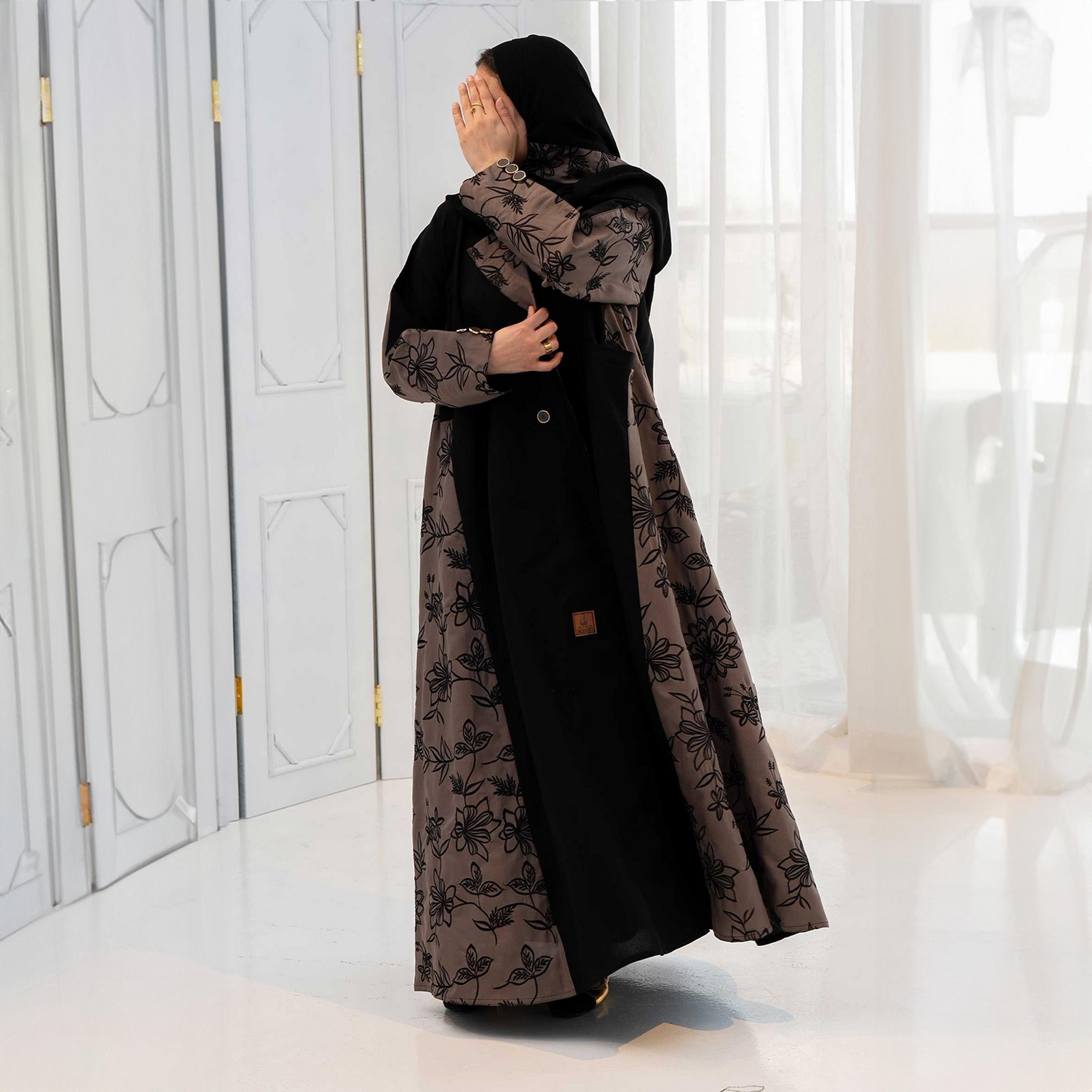 Zahiyh Black Dual Tone Lepel Collar Floral Embroidered Women's Cloche Abaya with Hijab-women-arabicclothing-abayas-image-2