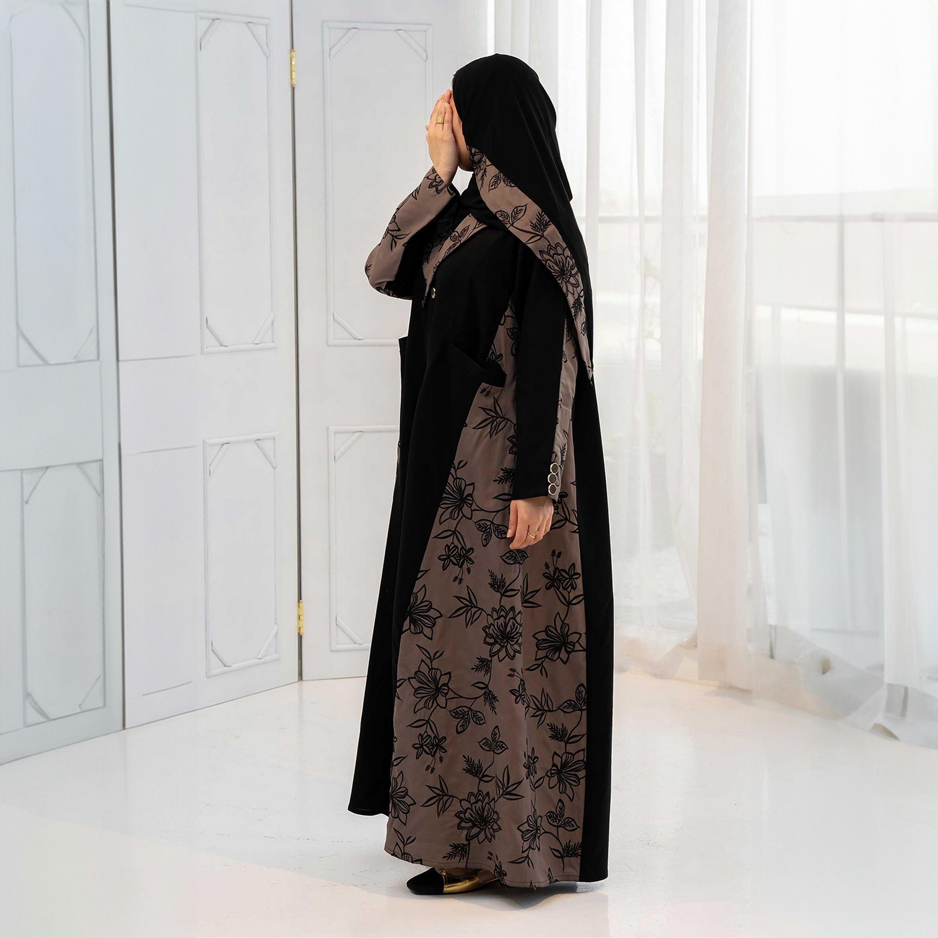 Zahiyh Black Dual Tone Lepel Collar Floral Embroidered Women's Cloche Abaya with Hijab-women-arabicclothing-abayas-image-3