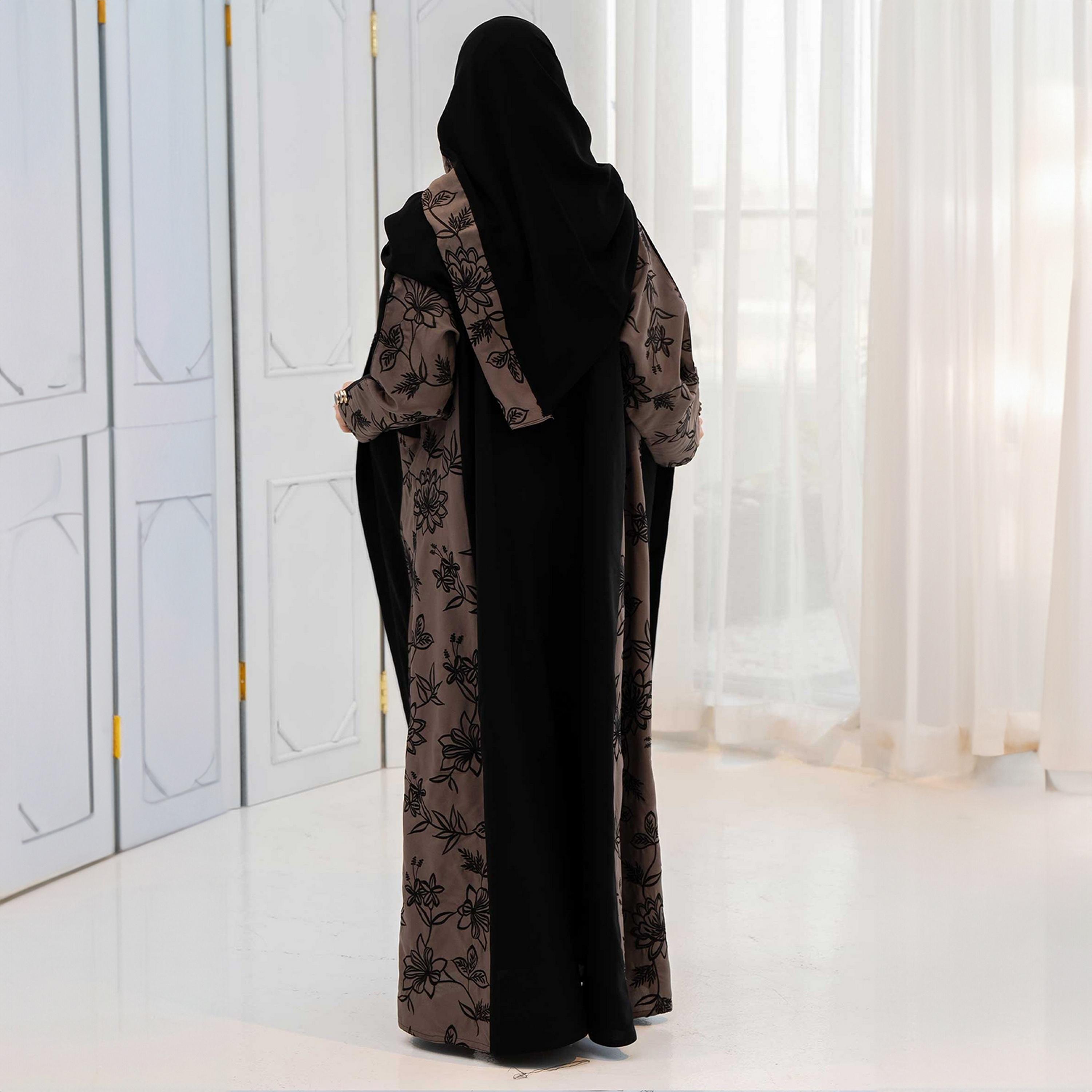 Zahiyh Black Dual Tone Lepel Collar Floral Embroidered Women's Cloche Abaya with Hijab-women-arabicclothing-abayas-image-4
