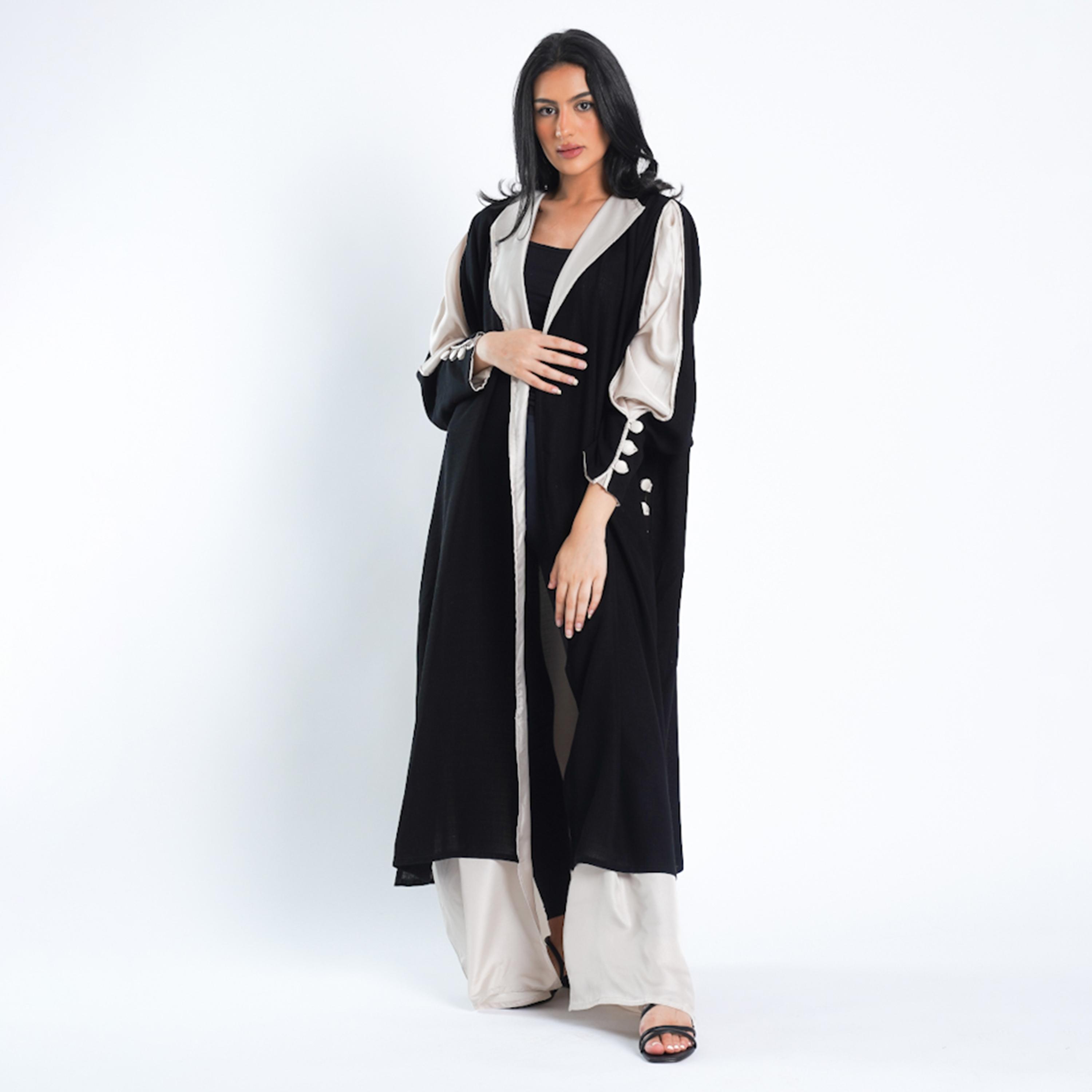 Gheed Black & Beige Colourblock Lapel Collared Buttoned Cuff Sleeves Crepe Women's Abaya with Hijab-women-arabicclothing-abayas-image-1