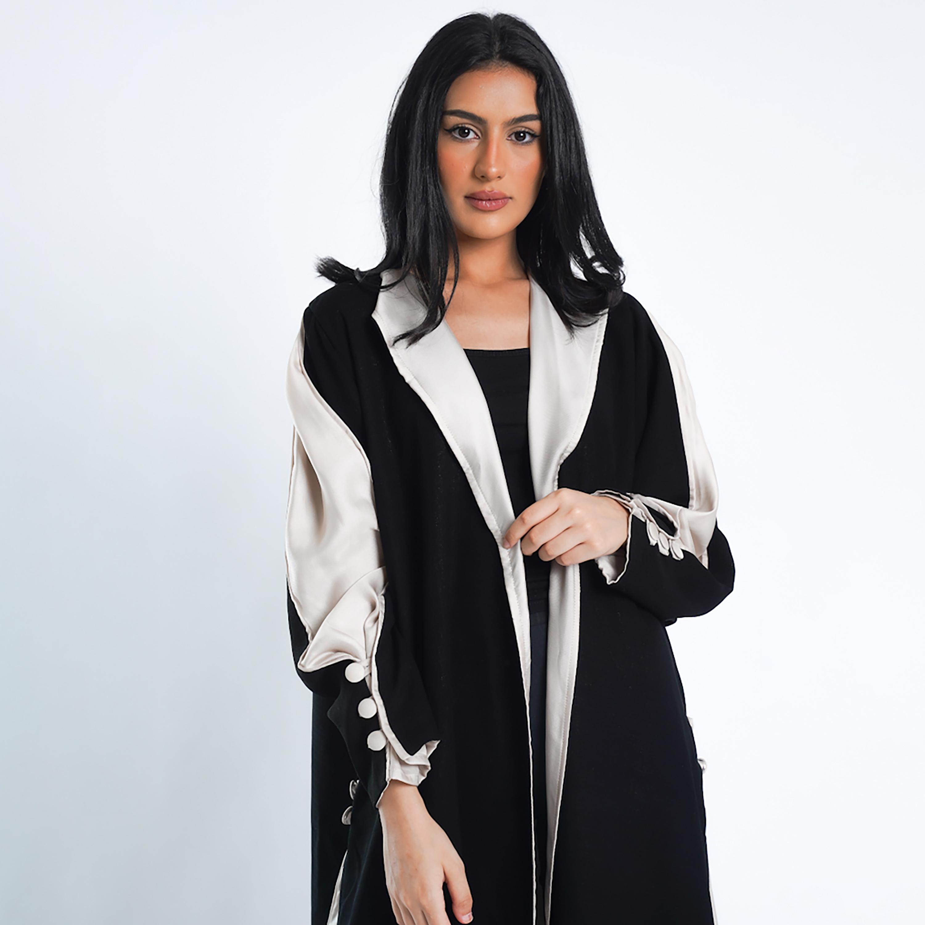 Gheed Black & Beige Colourblock Lapel Collared Buttoned Cuff Sleeves Crepe Women's Abaya with Hijab-women-arabicclothing-abayas-image-2