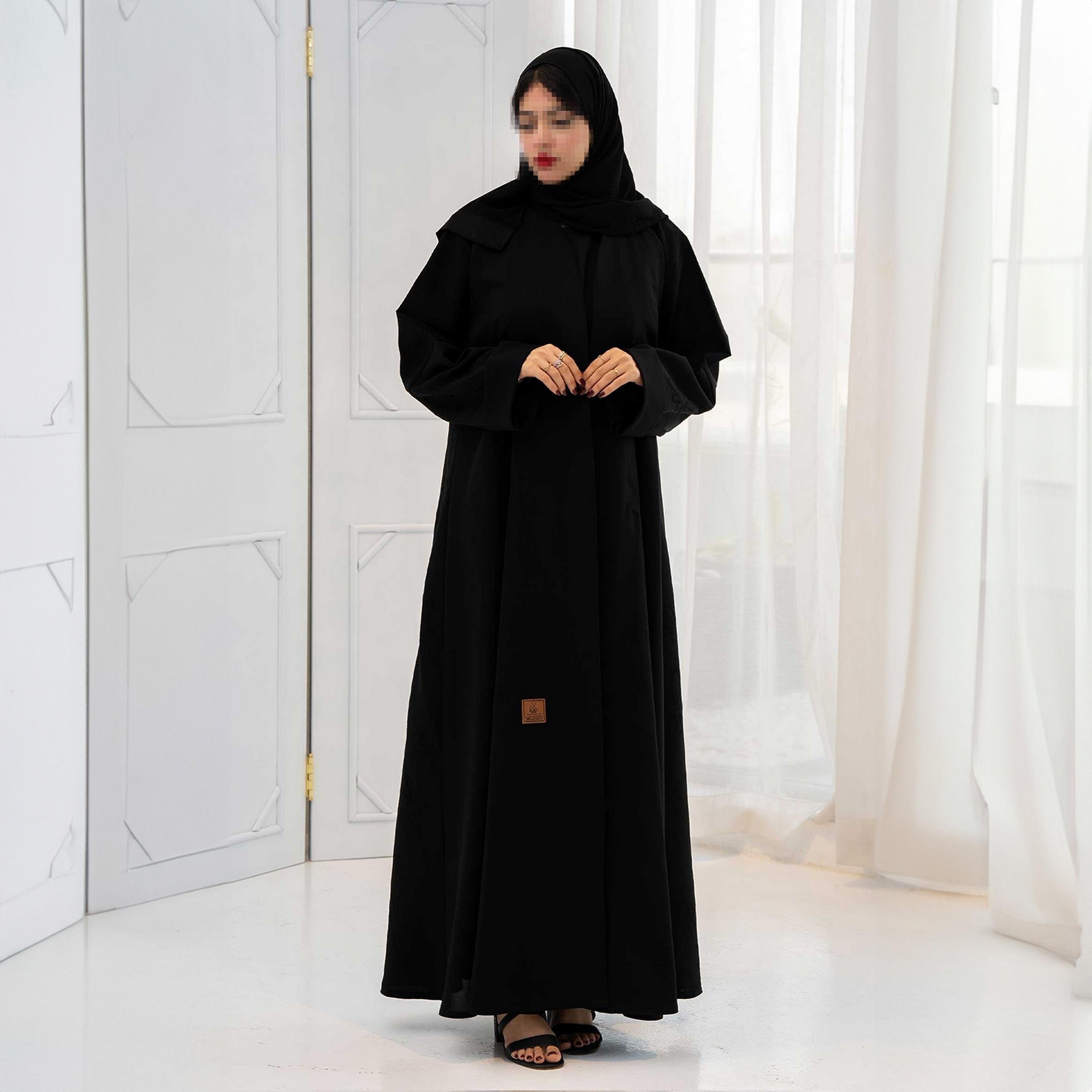 Zahiyh Black Floral Jacquard Women's Cloche Abaya with Hijab-women-arabicclothing-abayas-image-1