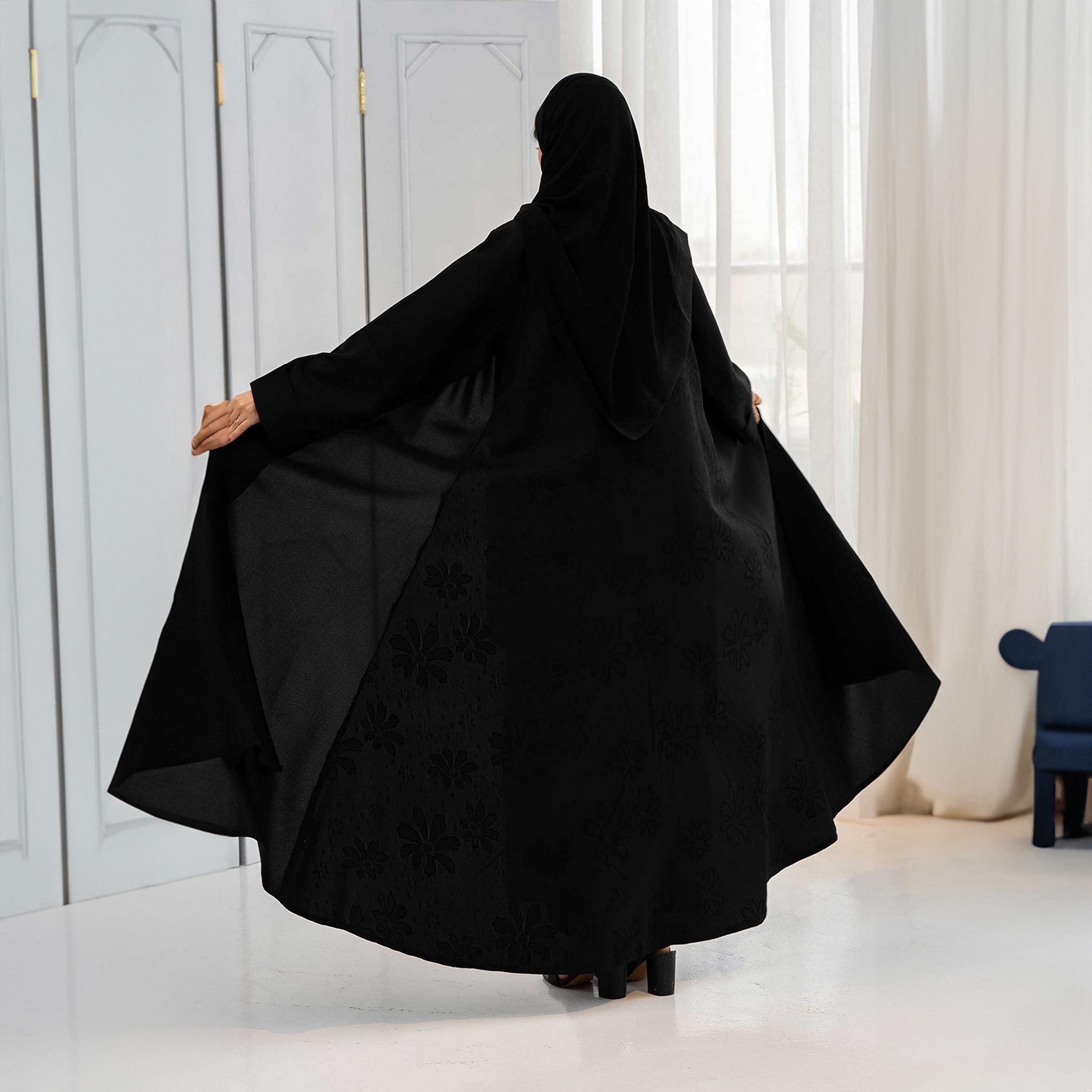 Zahiyh Black Floral Jacquard Women's Cloche Abaya with Hijab-women-arabicclothing-abayas-image-4