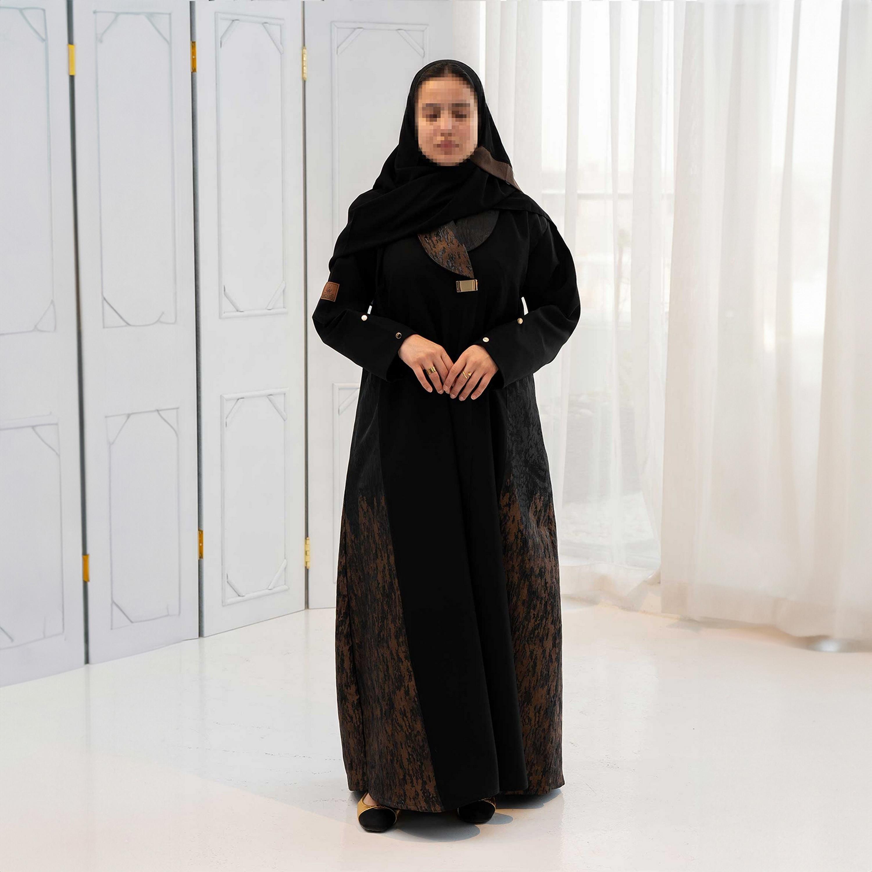 Zahiyh Black Dual Tone Jacquard Women's Cloche Abaya with Hijab-women-arabicclothing-abayas-image-1