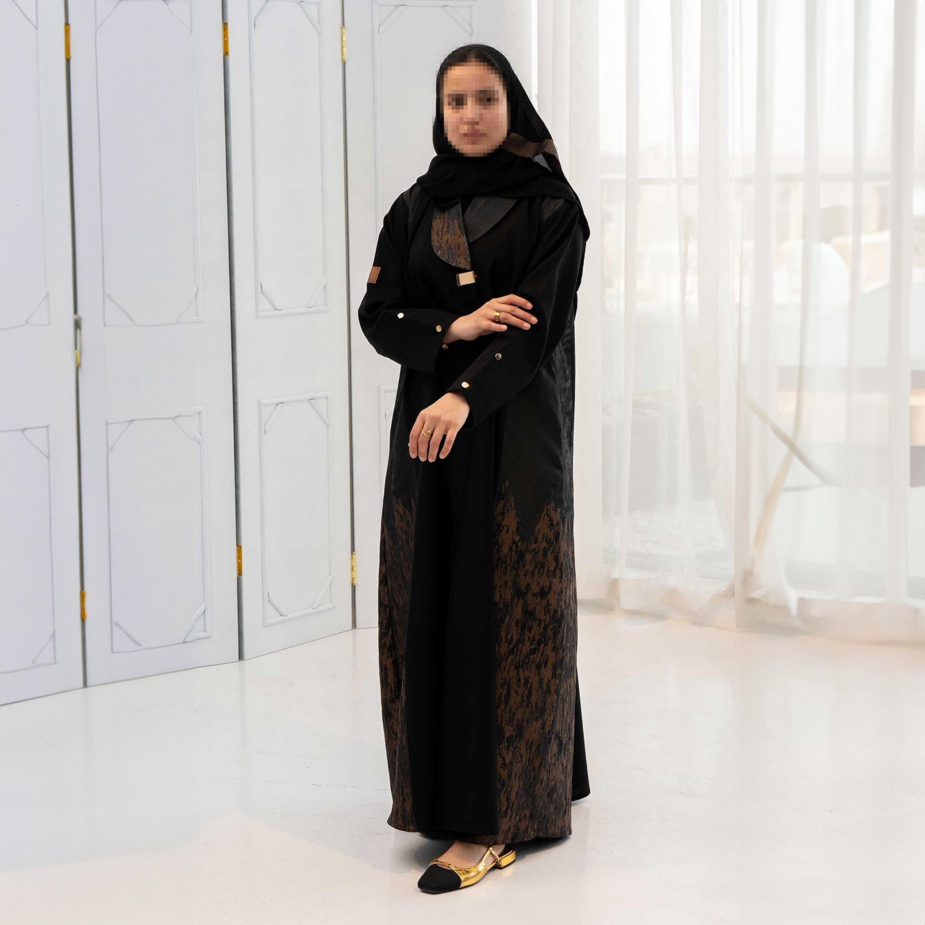 Zahiyh Black Dual Tone Jacquard Women's Cloche Abaya with Hijab-women-arabicclothing-abayas-image-2