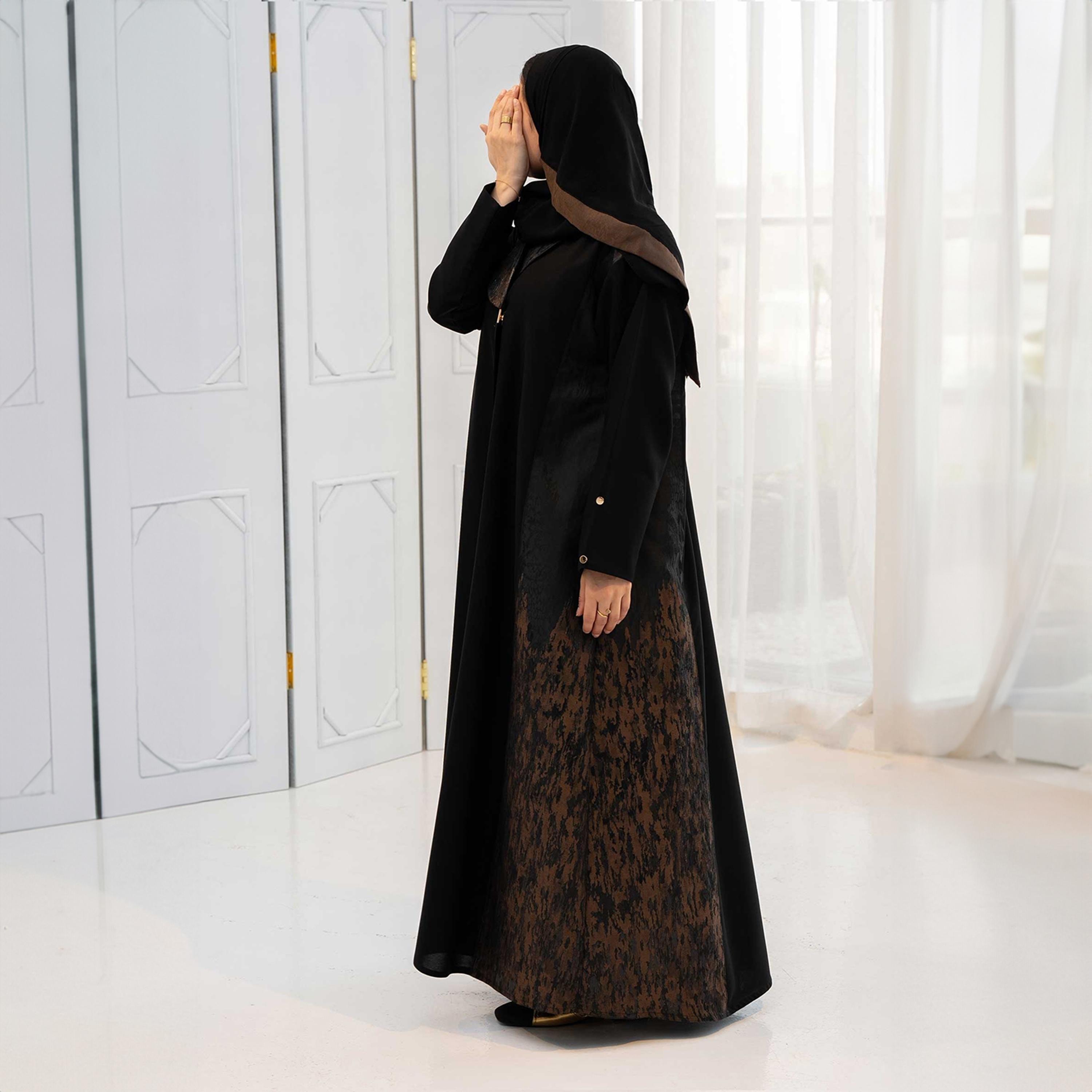 Zahiyh Black Dual Tone Jacquard Women's Cloche Abaya with Hijab-women-arabicclothing-abayas-image-3