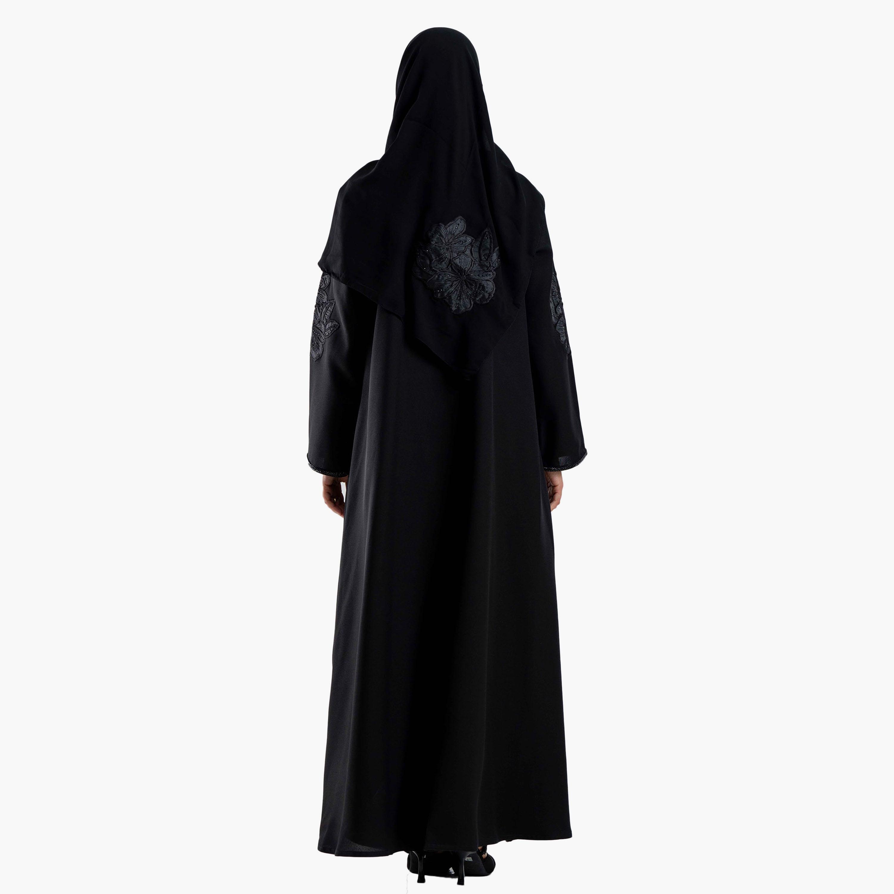 عباية نسائية سوداء مطرزة ومزينة بالورود مع حجاب من زاهيه-women-arabicclothing-abayas-image-3