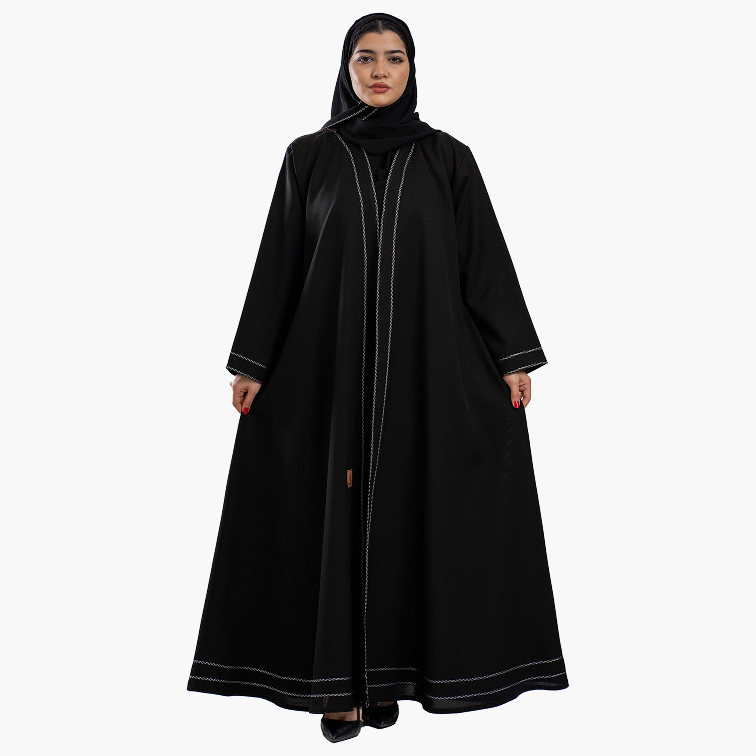 Zahiyh Black with Silver Stitching Detailed Women's Cloche Abaya with Hijab-women-arabicclothing-abayas-image-1