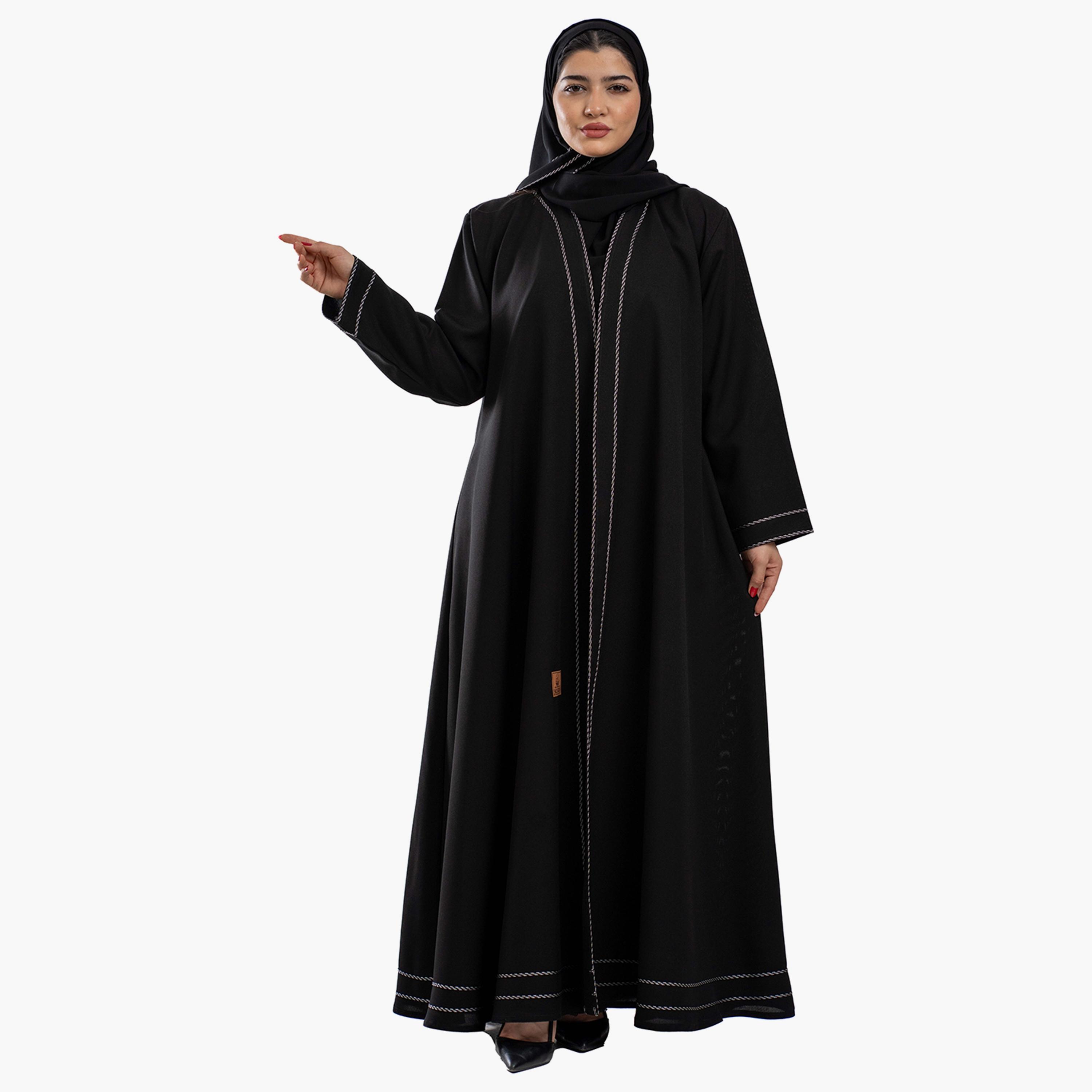 Zahiyh Black with Silver Stitching Detailed Women's Cloche Abaya with Hijab-women-arabicclothing-abayas-image-2