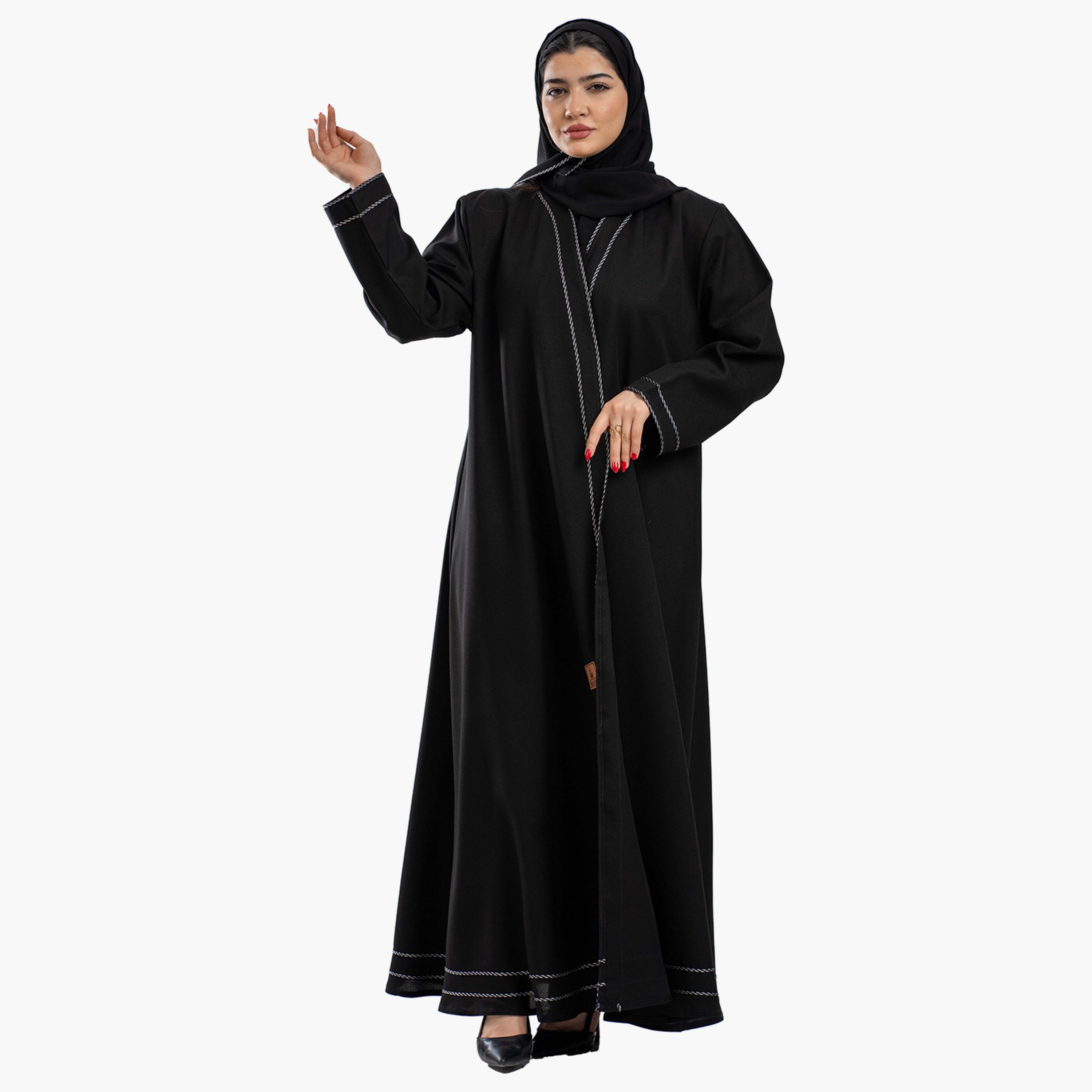 Zahiyh Black with Silver Stitching Detailed Women's Cloche Abaya with Hijab-women-arabicclothing-abayas-image-3