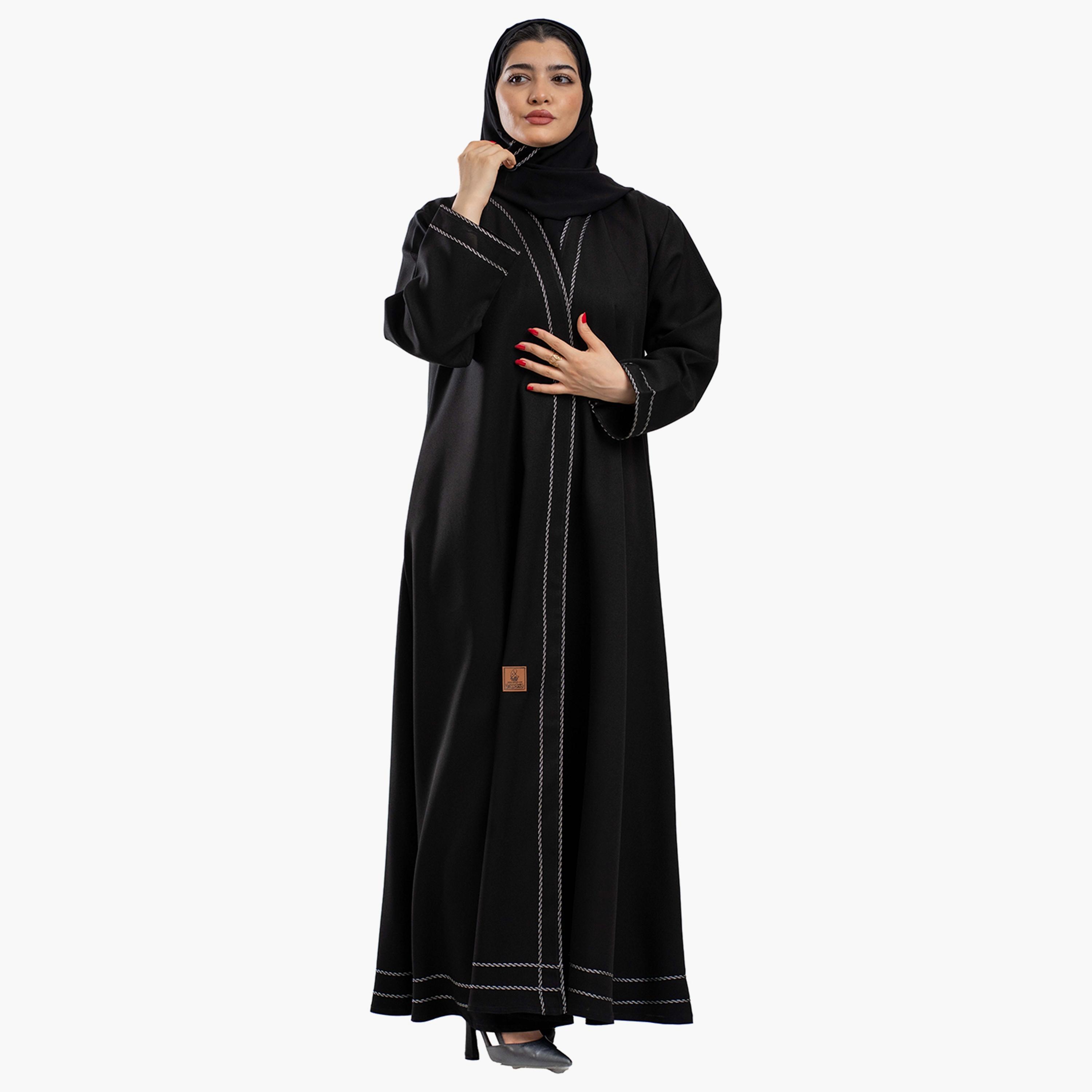 Zahiyh Black with Silver Stitching Detailed Women's Cloche Abaya with Hijab-women-arabicclothing-abayas-image-4