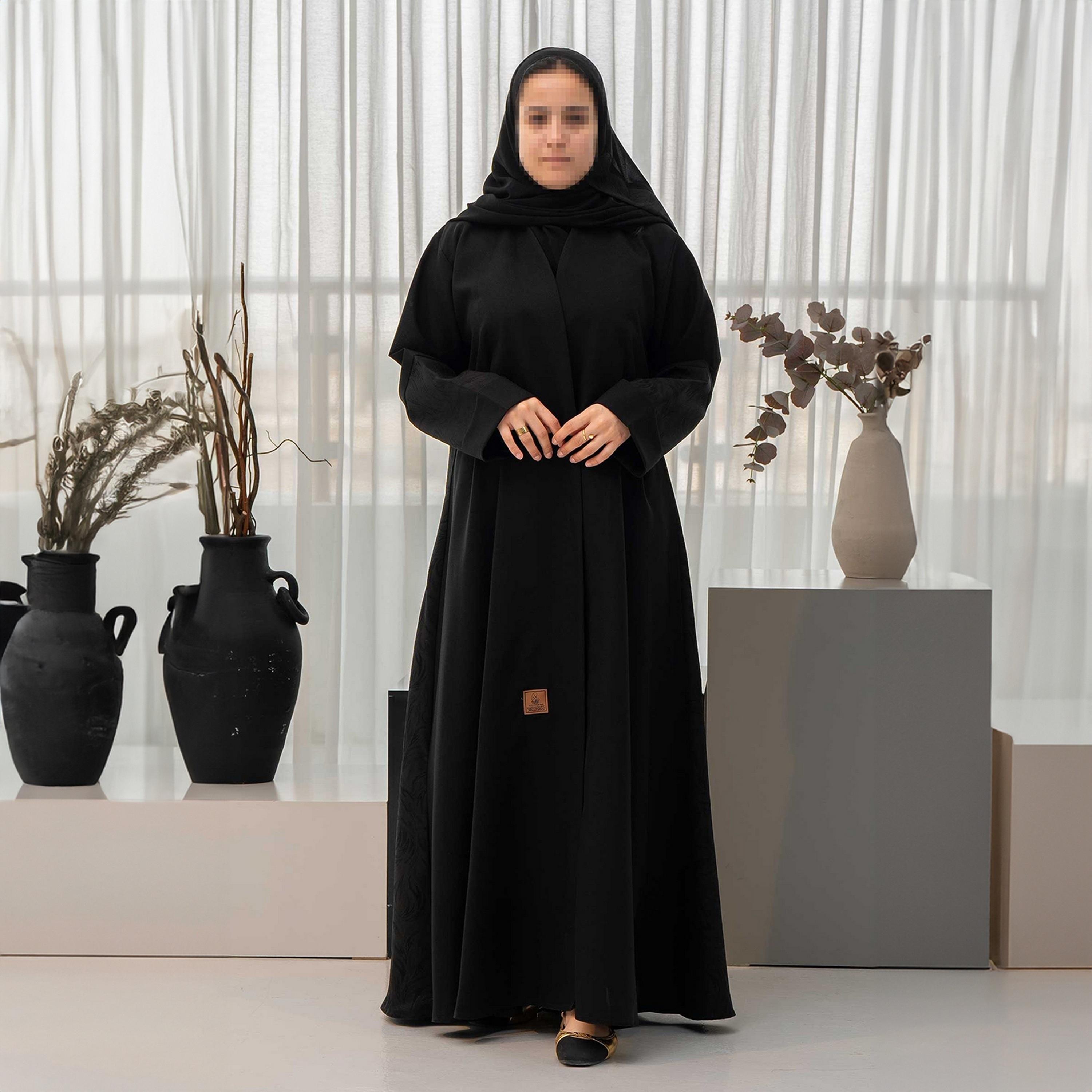 Zahiyh Black Jacquard Women's Cloche Abaya with Hijab-women-arabicclothing-abayas-image-1