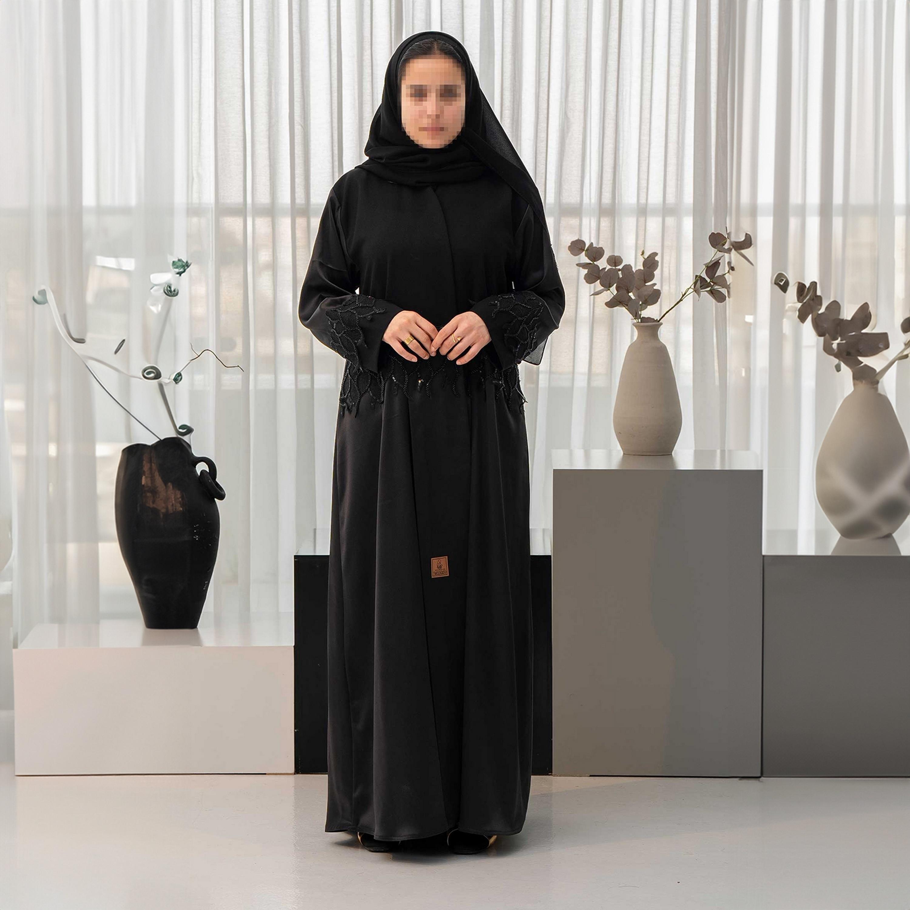Zahiyh Black Contrast Sleeves Rhinestone Women's Cloche Abaya with Hijab-women-arabicclothing-abayas-image-1