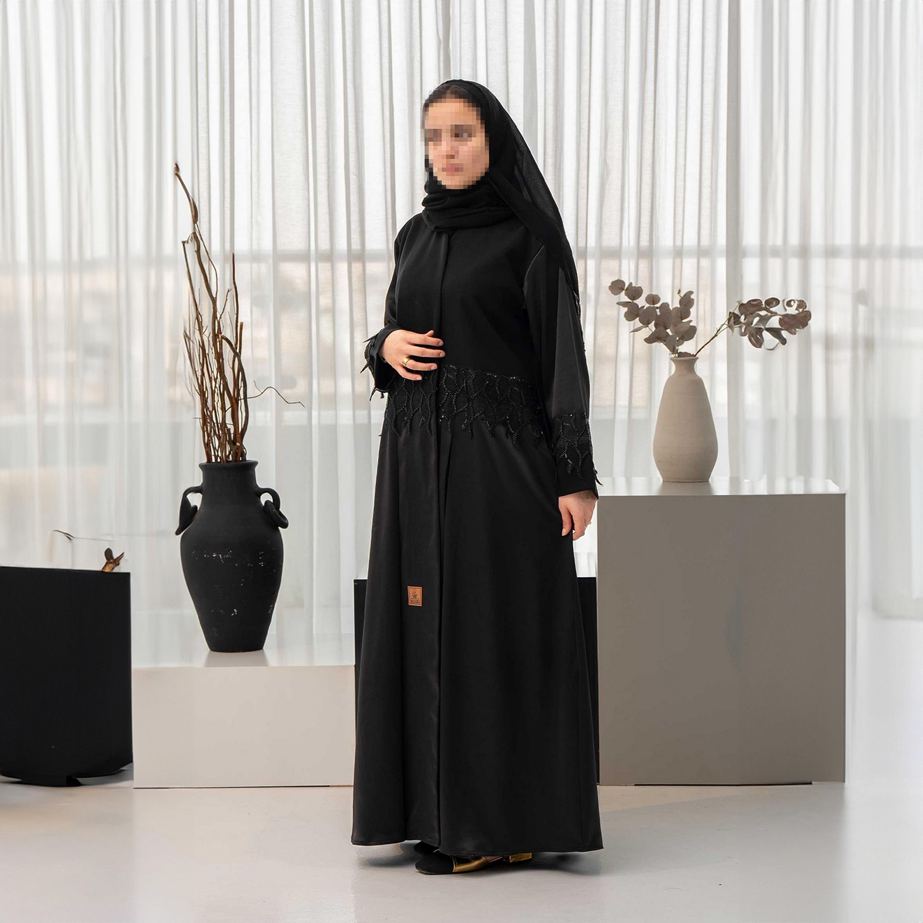 Zahiyh Black Contrast Sleeves Rhinestone Women's Cloche Abaya with Hijab-women-arabicclothing-abayas-image-2