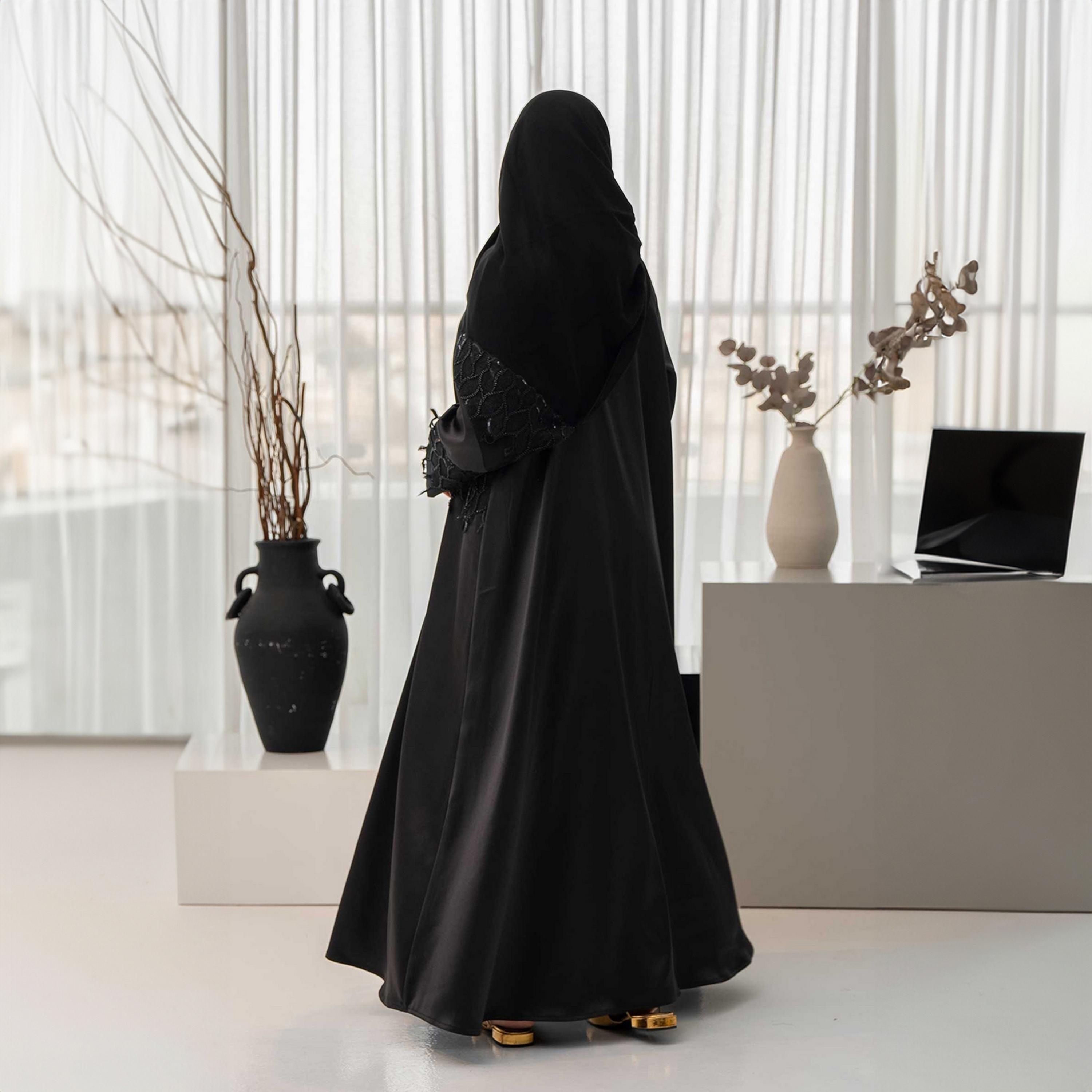 Zahiyh Black Contrast Sleeves Rhinestone Women's Cloche Abaya with Hijab-women-arabicclothing-abayas-image-4