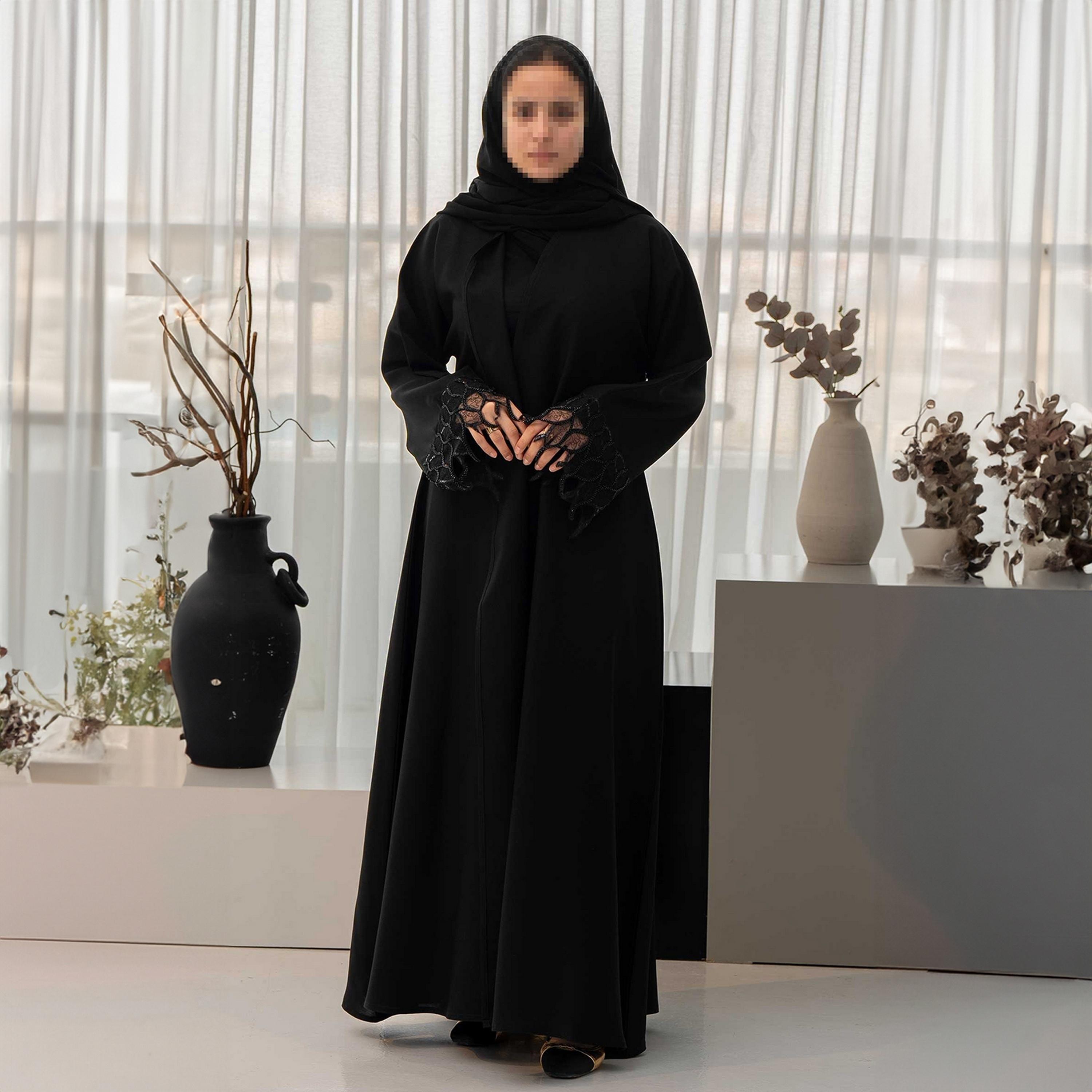 Zahiyh Black Lace Cuff Sleeves Women's Cloche Abaya with Hijab-women-arabicclothing-abayas-image-1