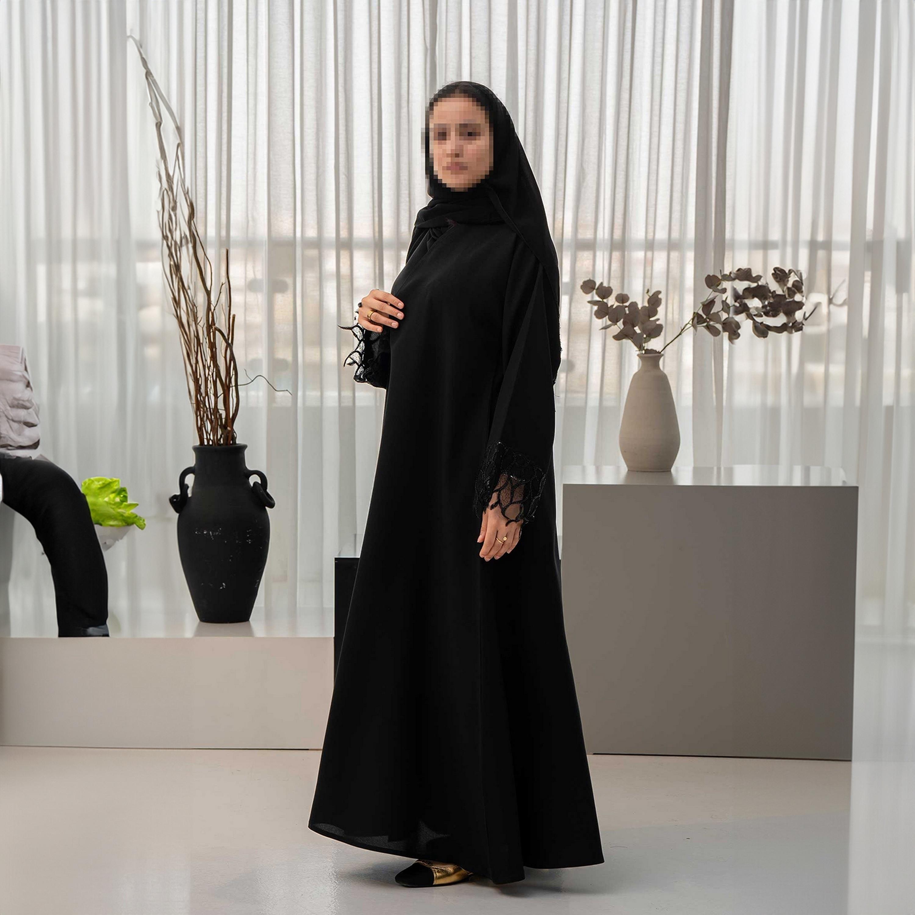 Zahiyh Black Lace Cuff Sleeves Women's Cloche Abaya with Hijab-women-arabicclothing-abayas-image-2