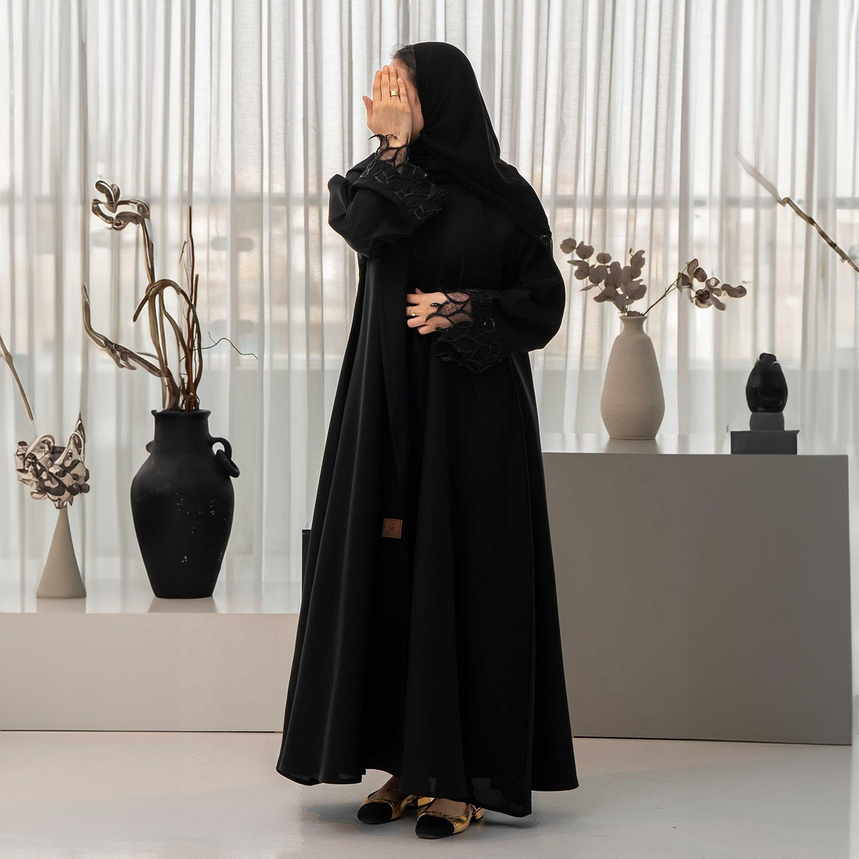 Zahiyh Black Lace Cuff Sleeves Women's Cloche Abaya with Hijab-women-arabicclothing-abayas-image-3