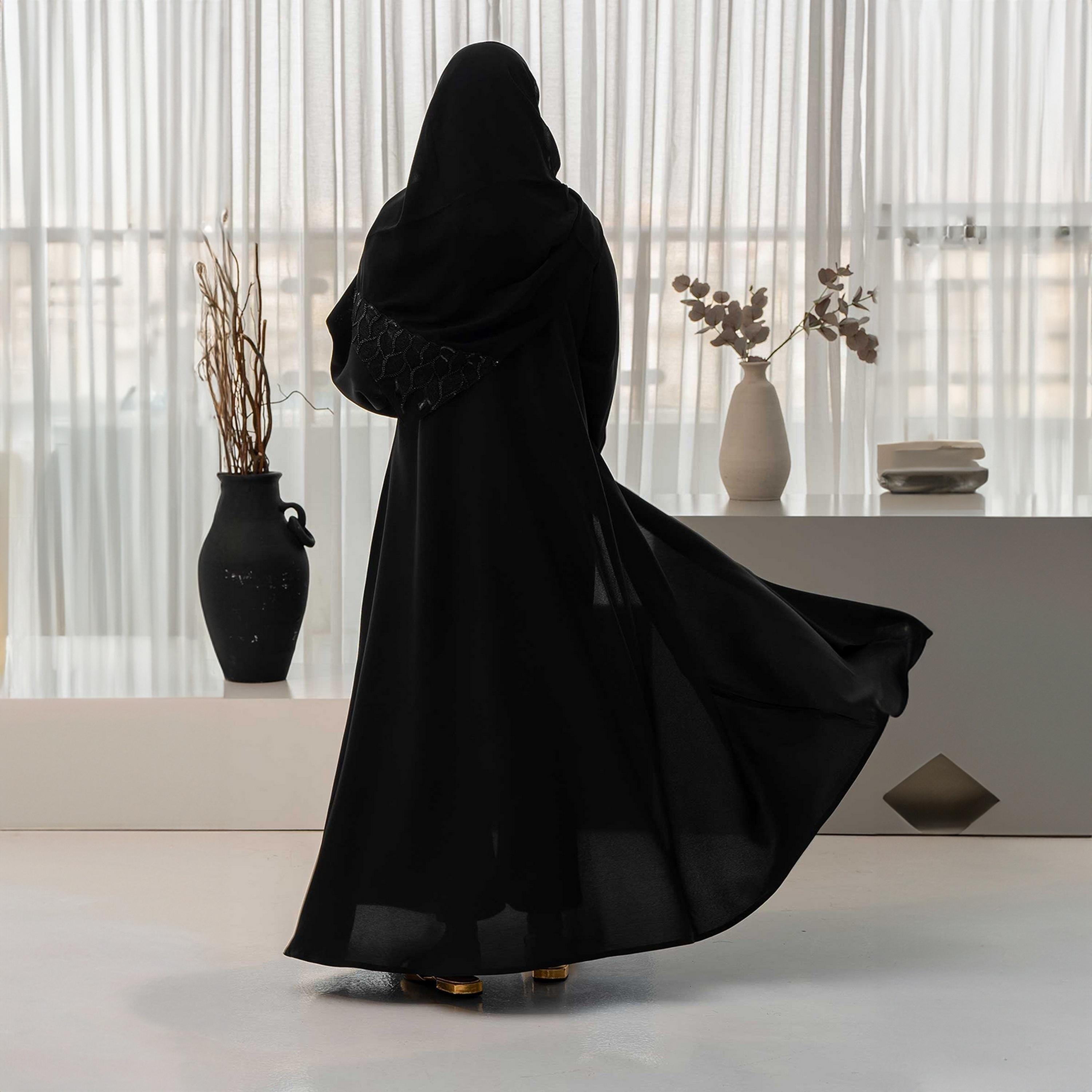 Zahiyh Black Lace Cuff Sleeves Women's Cloche Abaya with Hijab-women-arabicclothing-abayas-image-4