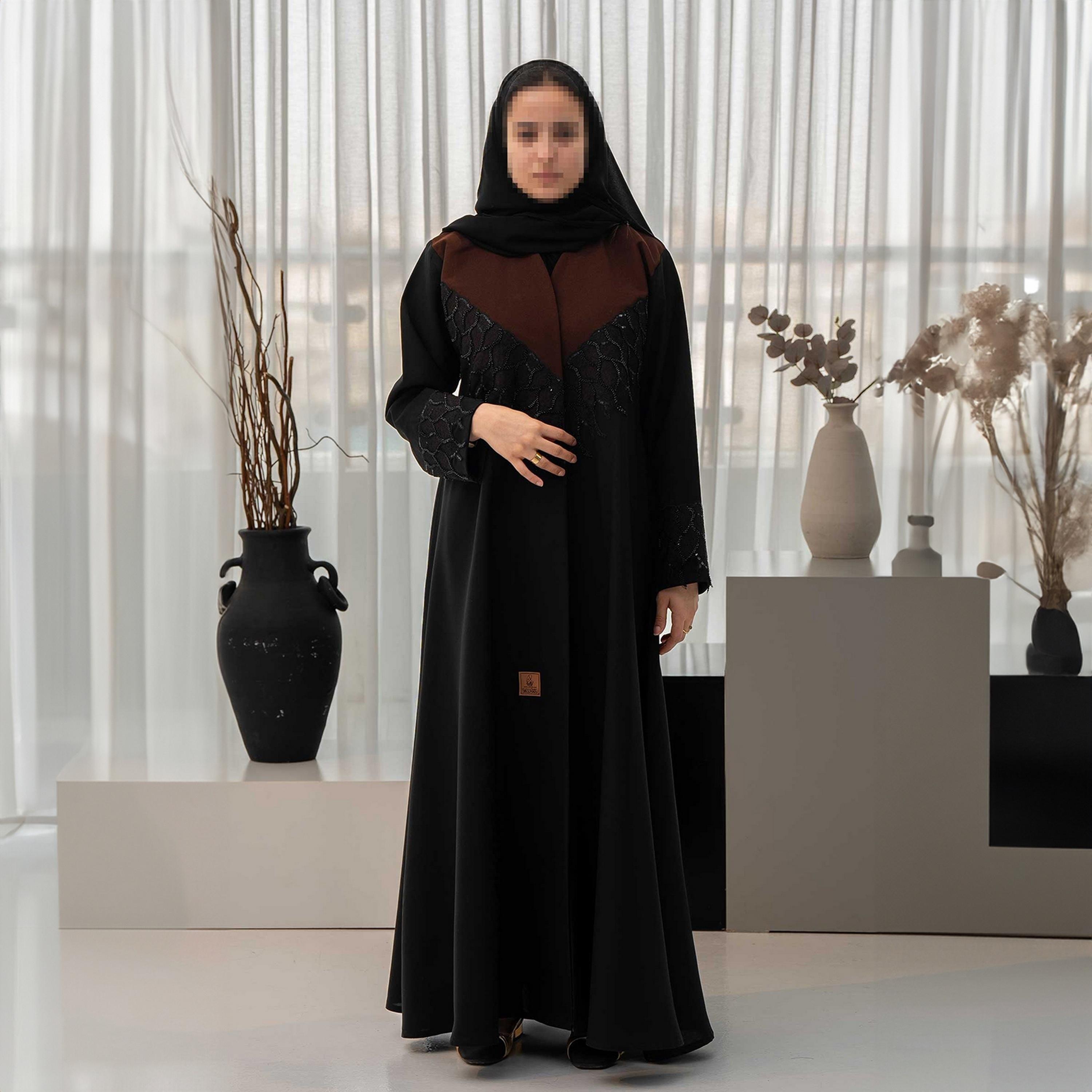 Zahiyh Black Dual Tone Crystals Women's Cloche Abaya with Hijab-women-arabicclothing-abayas-image-1