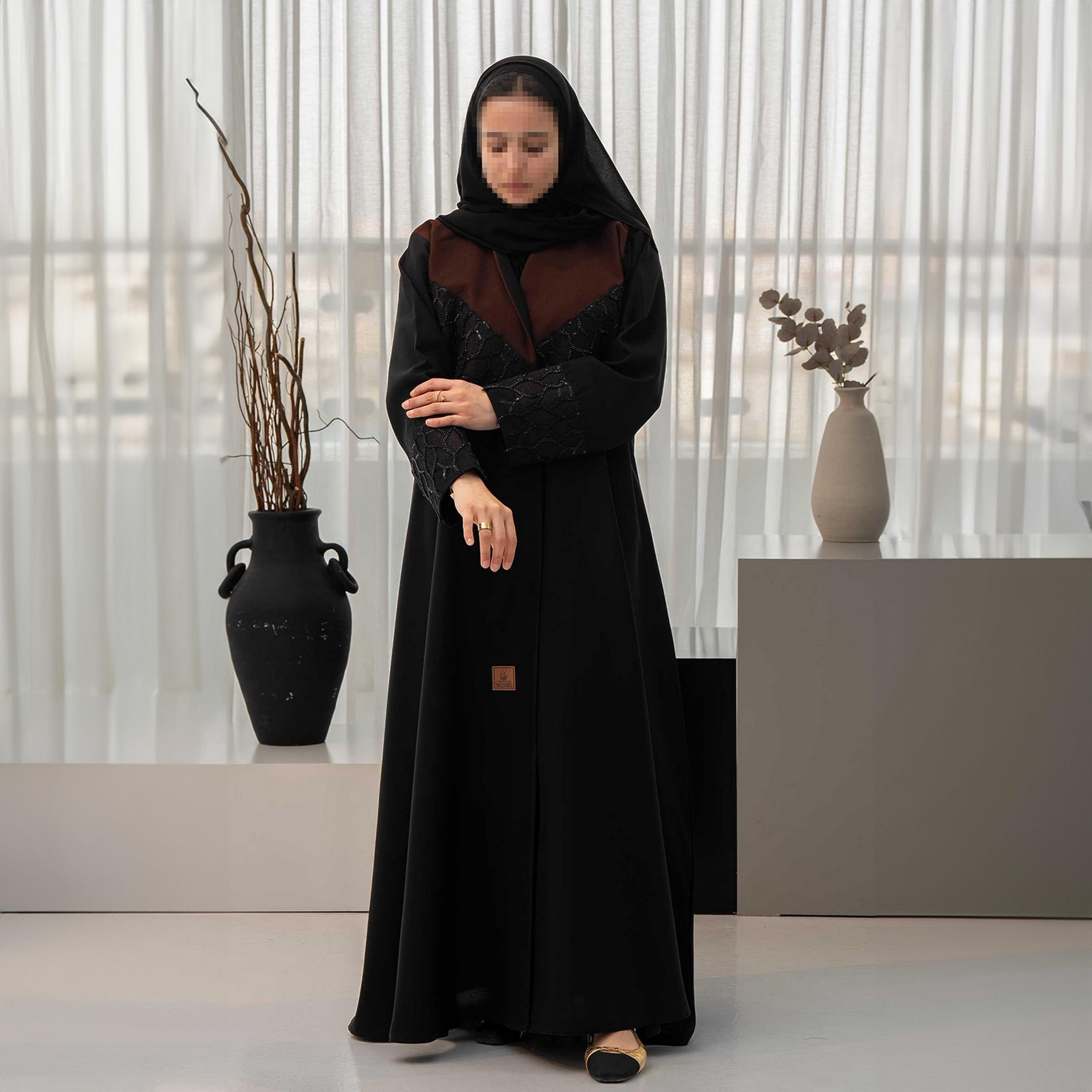 Zahiyh Black Dual Tone Crystals Women's Cloche Abaya with Hijab-women-arabicclothing-abayas-image-2
