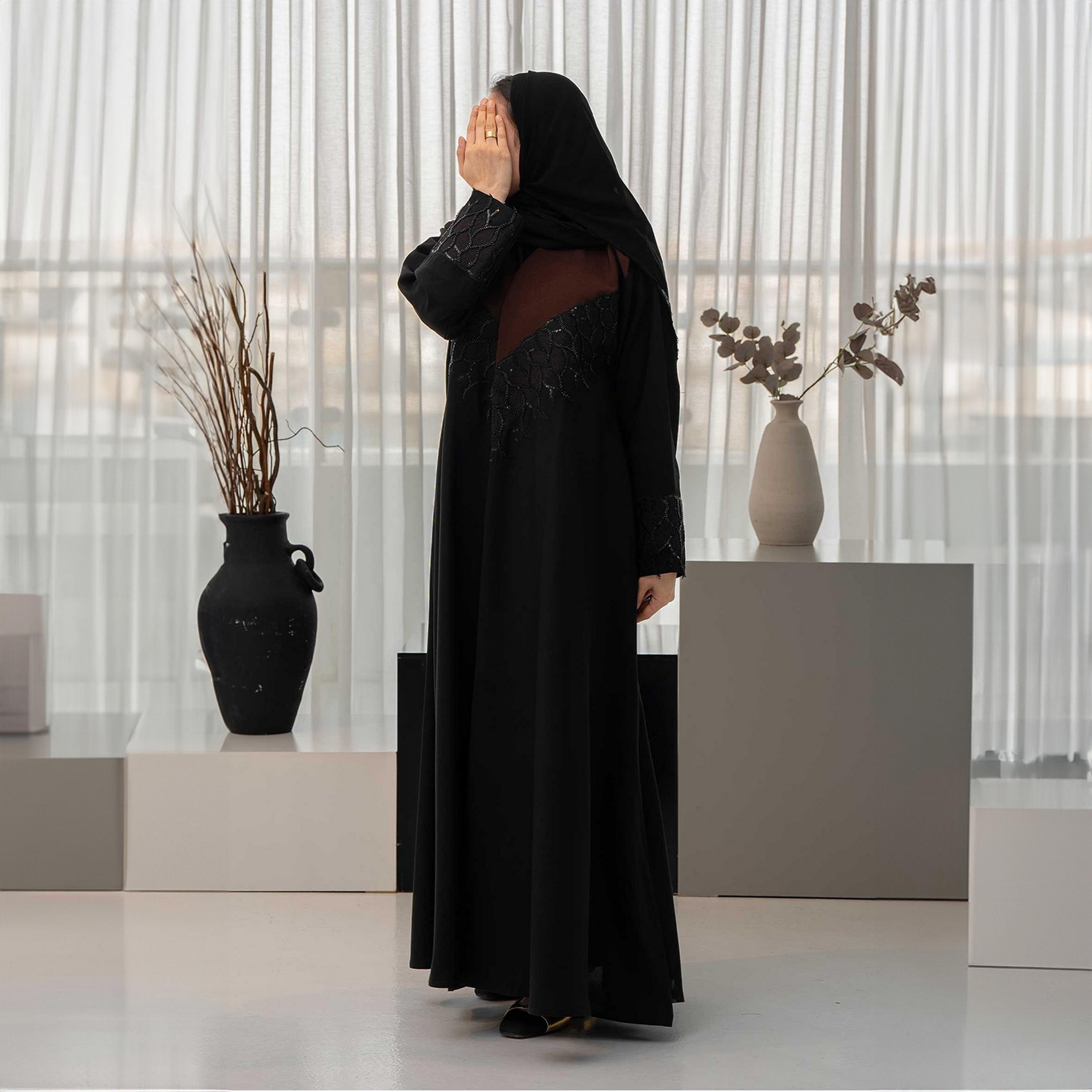 Zahiyh Black Dual Tone Crystals Women's Cloche Abaya with Hijab-women-arabicclothing-abayas-image-3