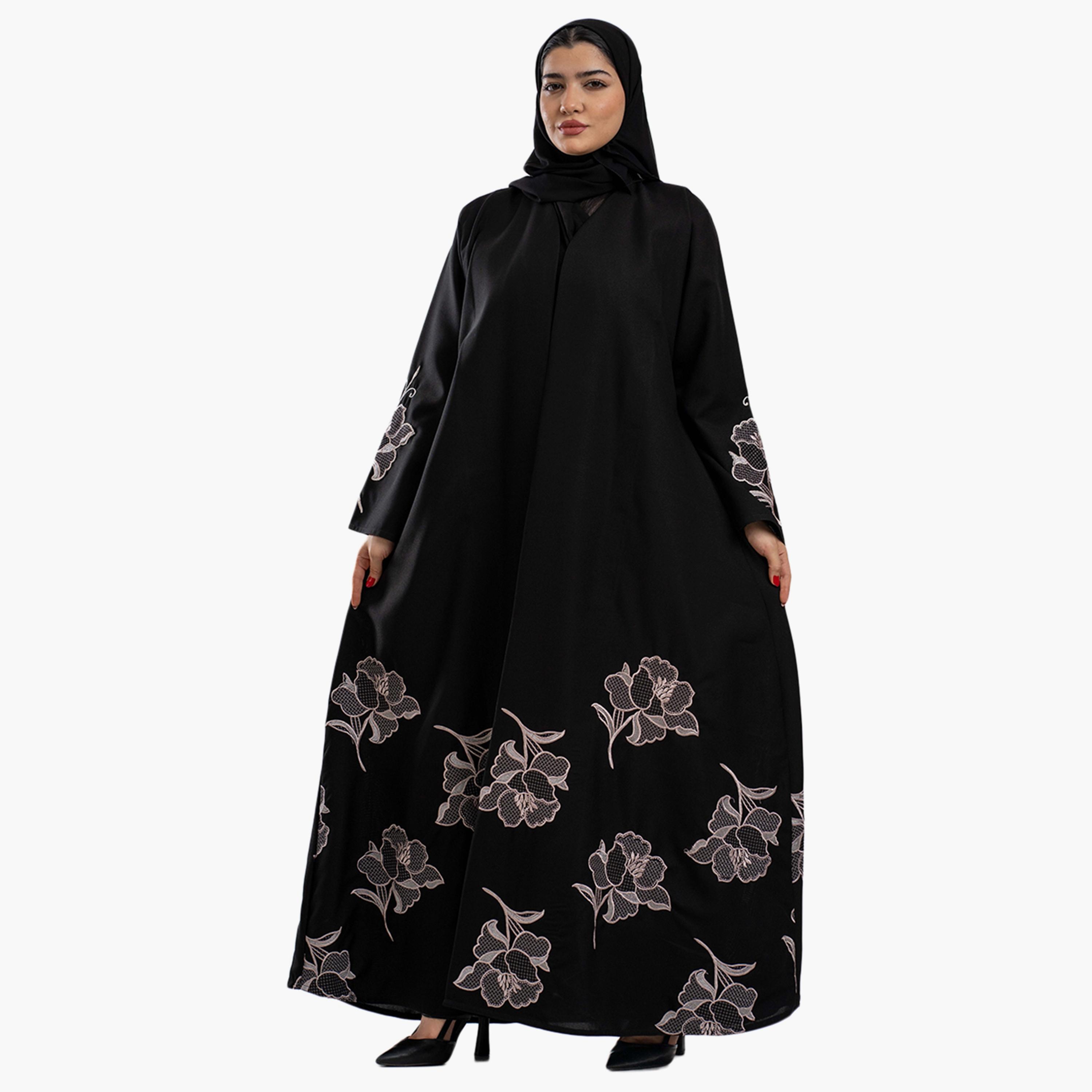 Zahiyh Black Floral Embroidered Women's Cloche Abaya with Hijab-women-arabicclothing-abayas-image-1